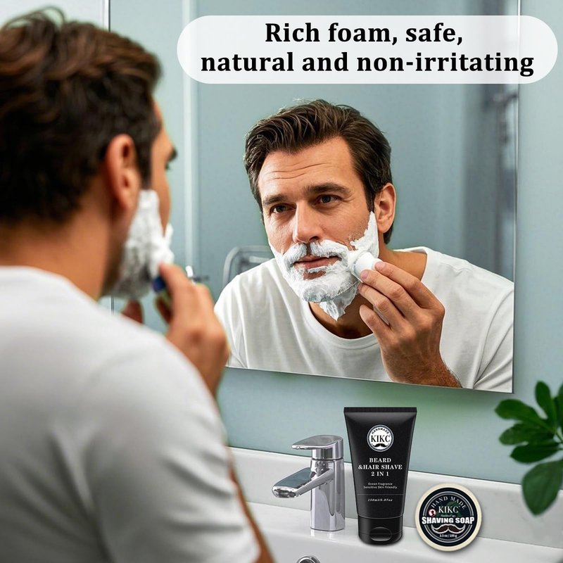 KIKC Shaving Soap and Shaving Cream Kit,Sandalwood Scent Shave Soap for Men,Shave Cream with Ocean Fragrance, a 3.5oz Soap, a 2 in 1 Shave Cream 150ml for Wet Shaving
