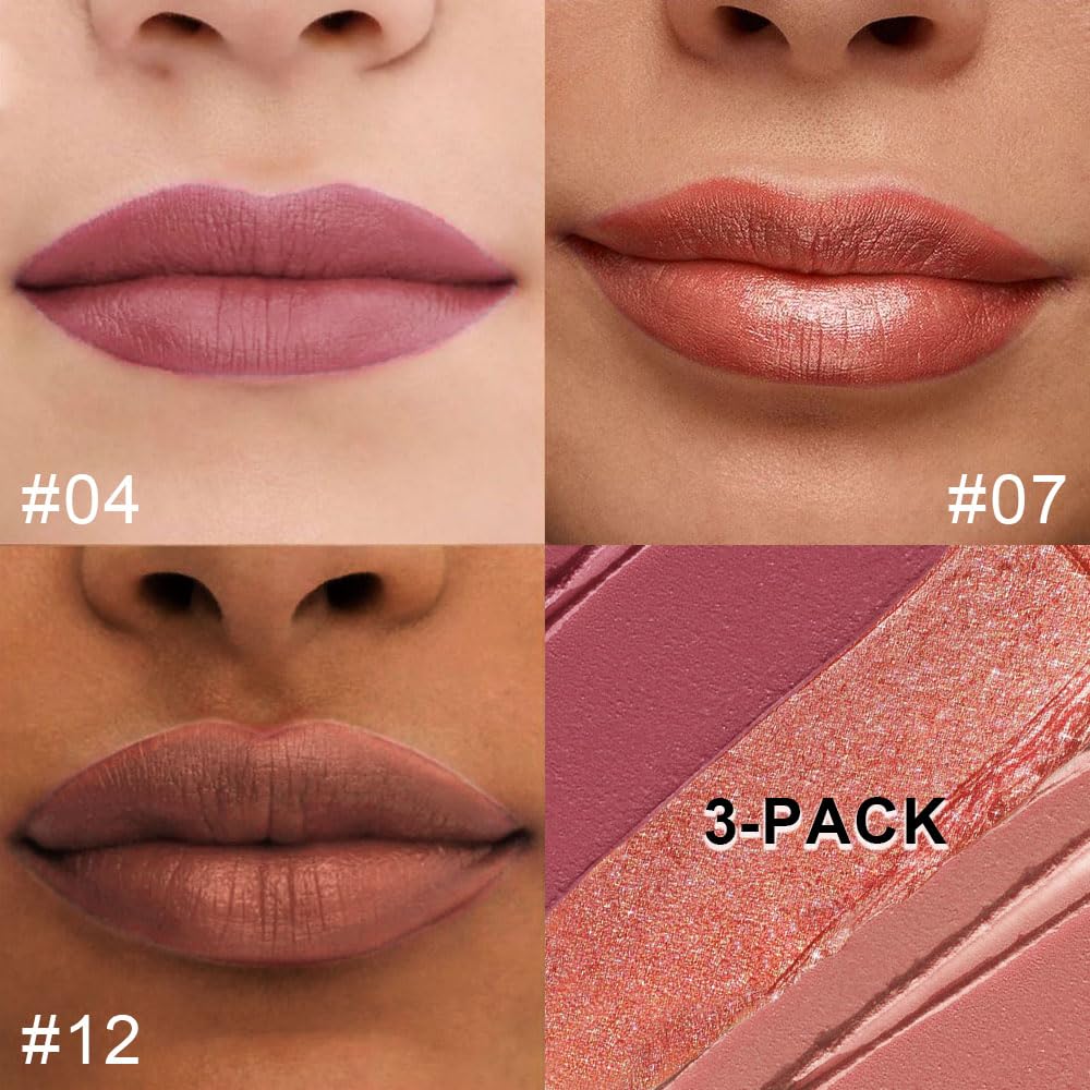 HHLTOH 3Pcs 2-in-1 Lip Liner and Lipstick Set for Women, Nude Brown Rose Gold Matte & Metallic Shimmer Lip Kit, Long-Lasting Waterproof Non-Drying Lipstick for Mature Skin, Vegan & Cruelty-Free