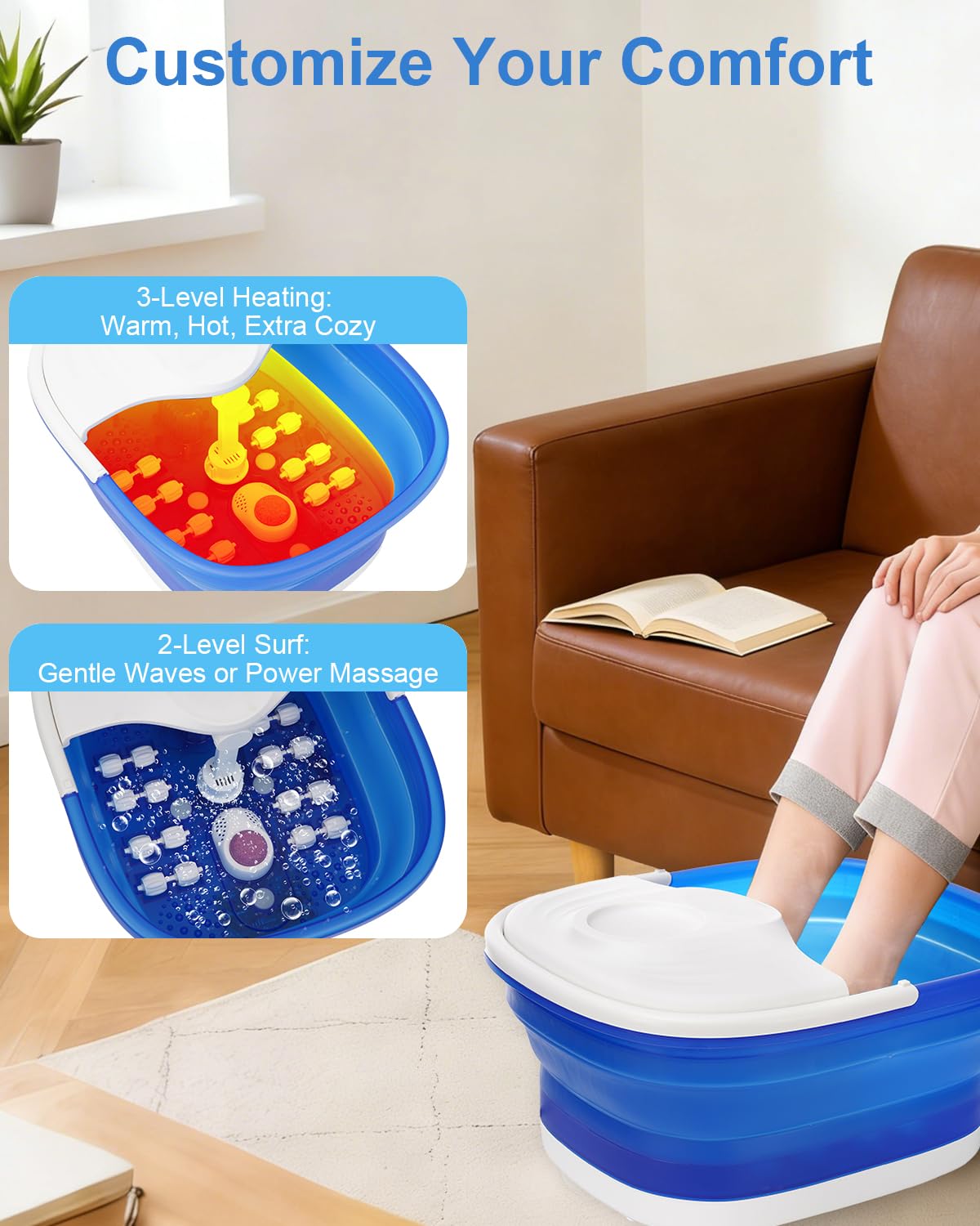 Misiki Collapsible Foot Spa Bath with Heat, Remote Control & 16 Massage Rollers, Fast Heating Pedicure Tub for Relaxing Tired Feet, Foot Soaker with Surf & Red Light, Fits Men Size 12 (Royal Blue)