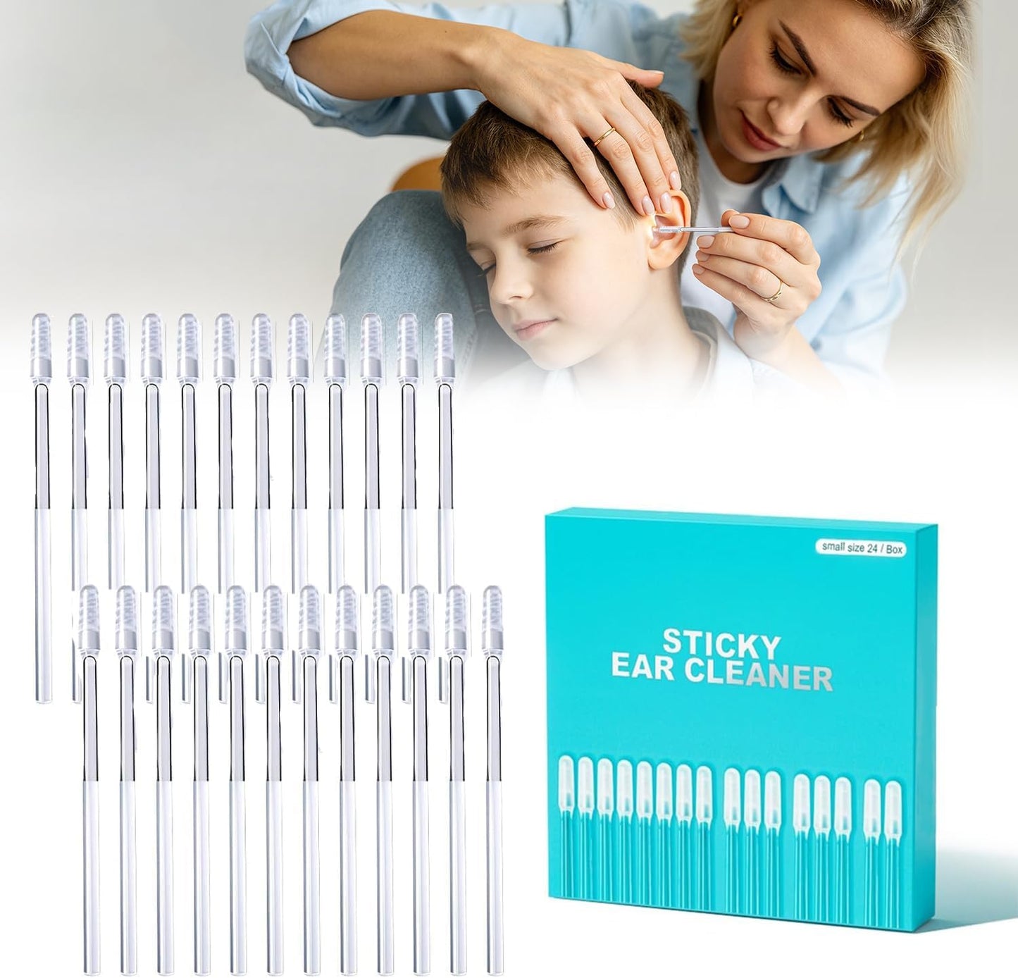 Reusable Sticky Ear Cleaning Stick | Gentle Adhesive Ear Cleaner with Soft Rubber Head - 24 Small Size