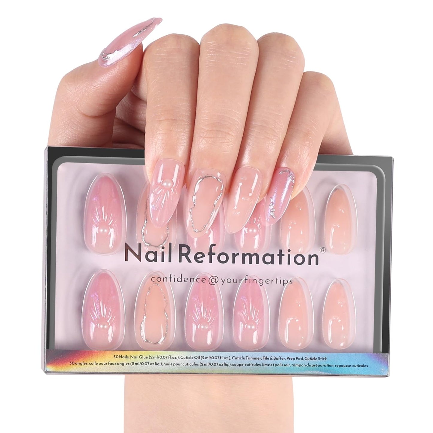 Press On Nails - Strawberry Seed Milky Pink Almond Fake Nails with Red Polka Dot French Tip | Glossy Reusable 32 Pcs in 16 Sizes - Perfect Manicure Gifts for Women