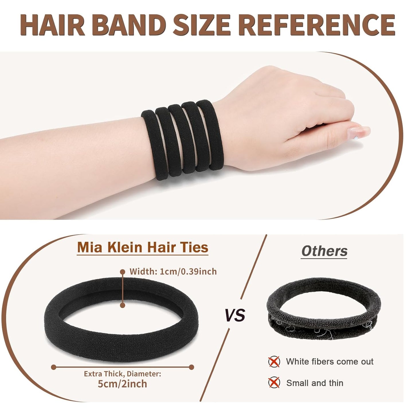 Mia Klein Hair Ties - Extra Thick Black Elastic Bands for Thick Hair | 100 Count, 5CM Ponytail Holders