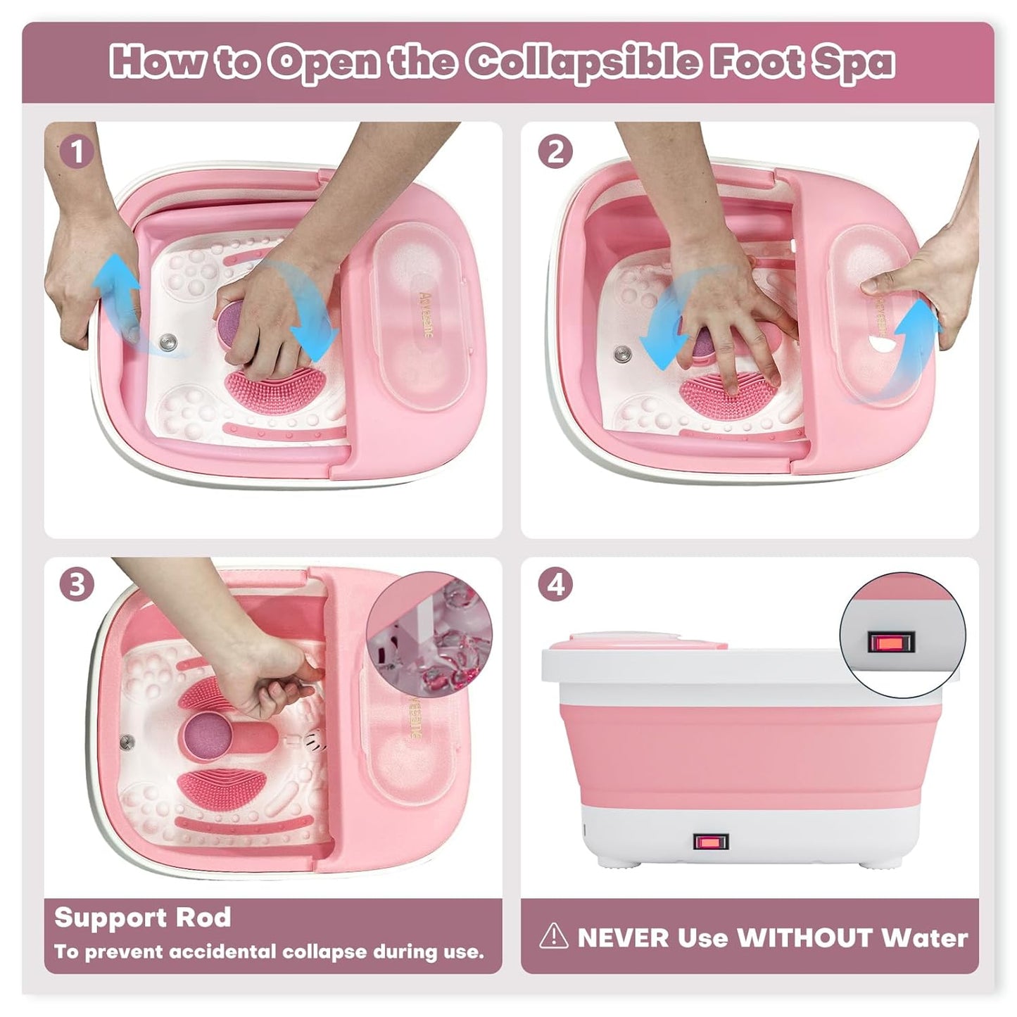Collapsible Foot Spa Bath Massager - Heated Soaking Tub with Remote & Timer | Includes Pedicure Kit & 3 Attachments (Pink)