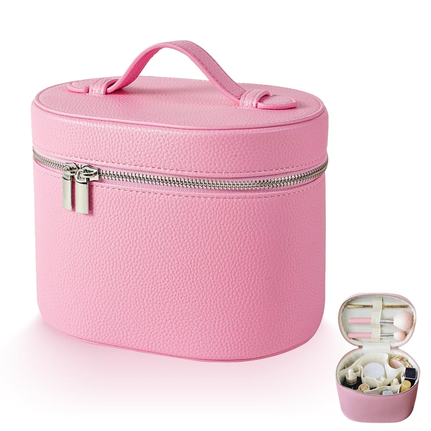 JOVOLIFE Makeup Case, Large Capacity Leather Makeup Bag with Removable Washable Compartment, Portable Waterproof Leather Cosmetic Case, Multi-functional Travel Organizer, Pink