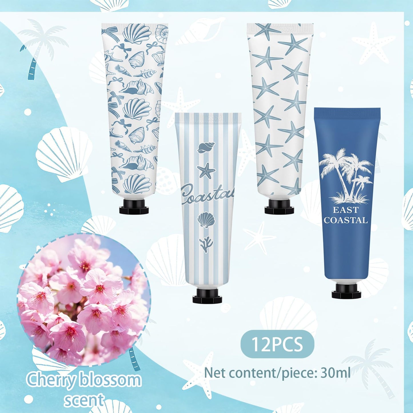 Loopeer 12 Pcs Coastal Hand Cream Gifts Bulk East Coastal Ocean Seashell Beach Design Portable Travel Size Hand Lotion Appreciation Gift for Girls Women Summer Vacation Supplies Beach Accessories