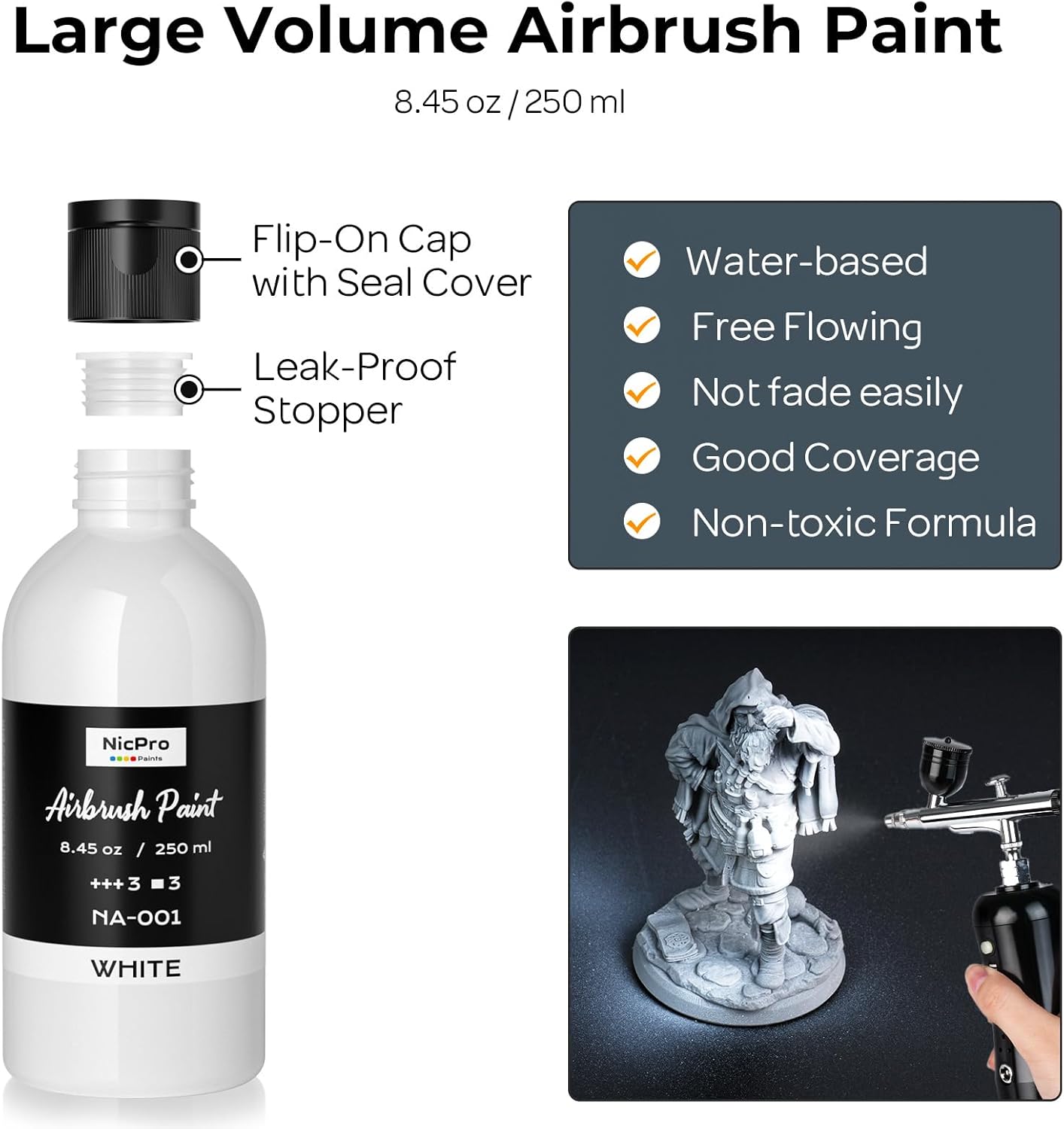 Nicpro White Airbrush Paint - Opaque Water-Based Acrylic for Models, Wood, Canvas | 8.45 oz (250 ml)