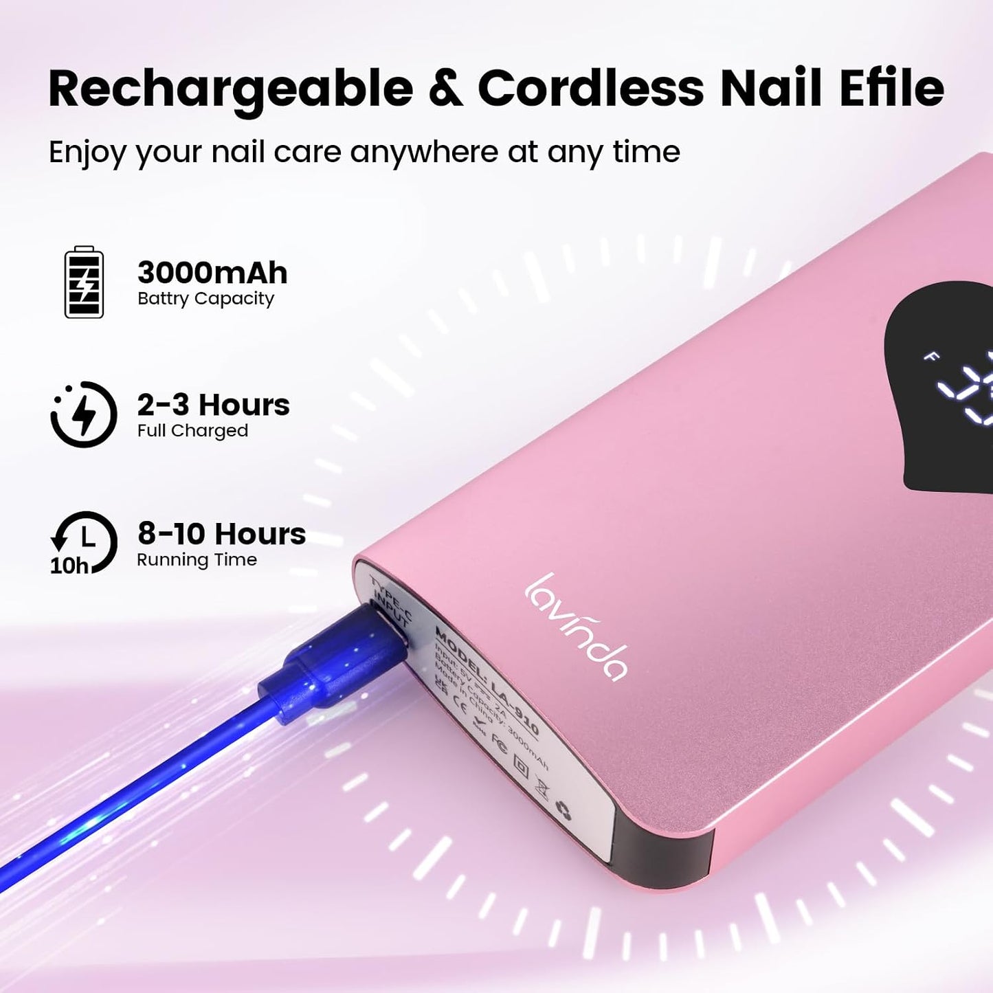 Electric Nail Drill Machine - 35000RPM Cordless Rechargeable Efile for Acrylic Gel Nails | Pink 910