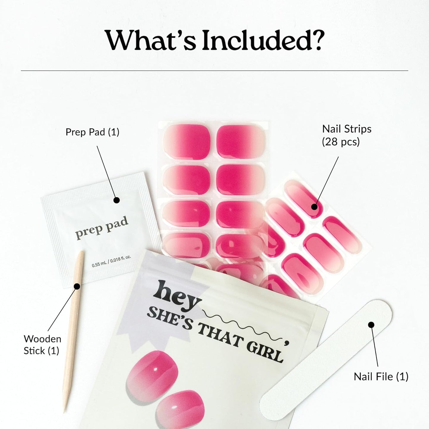 Gel Nail Strips - Semi-Cured Pink Ombre Design | Easy Apply & Remove | 28 Strips, Prep Pads, Nail File & Wooden Stick