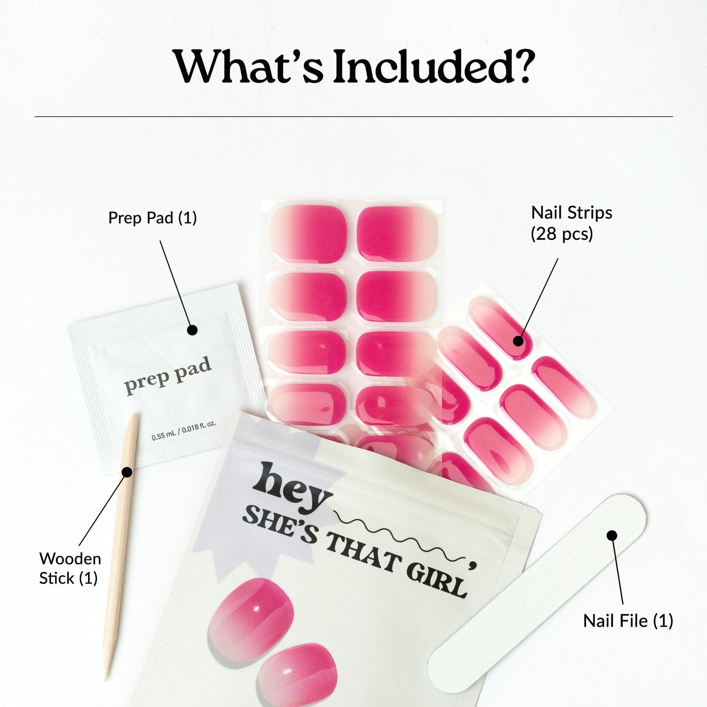 Heyhae Semi Cured Gel Nail Strips | No LED Lamp Needed |Pink, Ombre | Easy Apply & Remove, Salon Quality | Includes 28 Strips, 2 Prep Pads, Nail File & Wooden stick - Hey, She’s that girl