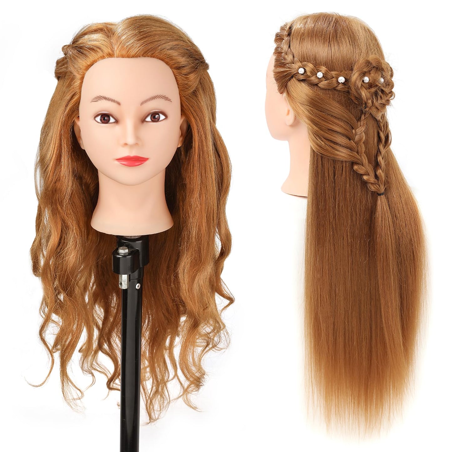 SOPHIRE 26"-28" Mannequin Head with 80% Real human Hair, Hairdresser Practice Training Head Cosmetology Long Hair Manikin Doll Head with 9 Tools and Clamp - #4 Brown, Makeup On