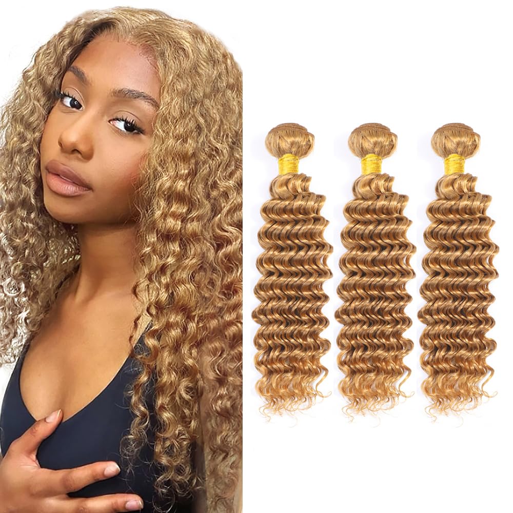 22 24 26 Inch #27 Blonde Bundles Human Hair Deep Wave 3 Bundles Brazilian Remy Hair 50 Grams/Bundle 10A Grade Unprocessed Virgin Hairs Honey Blonde Deep Wave Bundle Weaves Extensions for Women