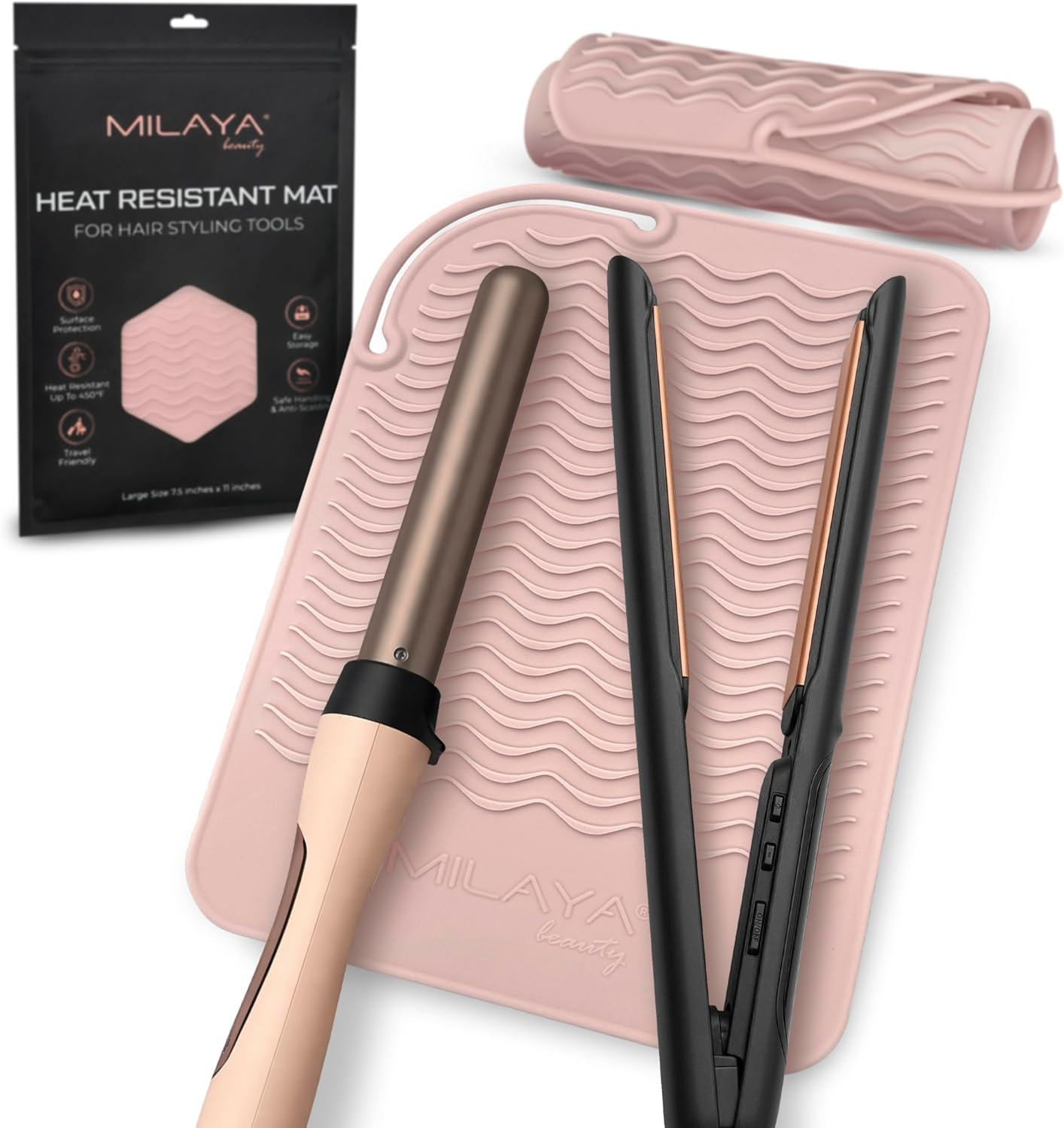Milaya Beauty Large Heat Resistant Mat - Silicone Curling Iron & Flat Iron Holder | Non-Slip Vanity Accessory for Home & Travel