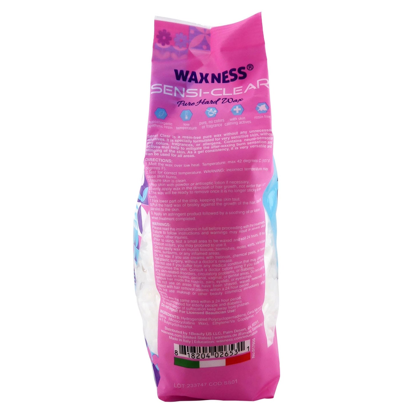 Waxness Sensi Clear Pure Hard Wax Beads 2.2 lb (1kg) – Rosin-Free Stripless Clear Hard Wax with Neuro-Active Comfort Complex for Face & Body – Made in Italy