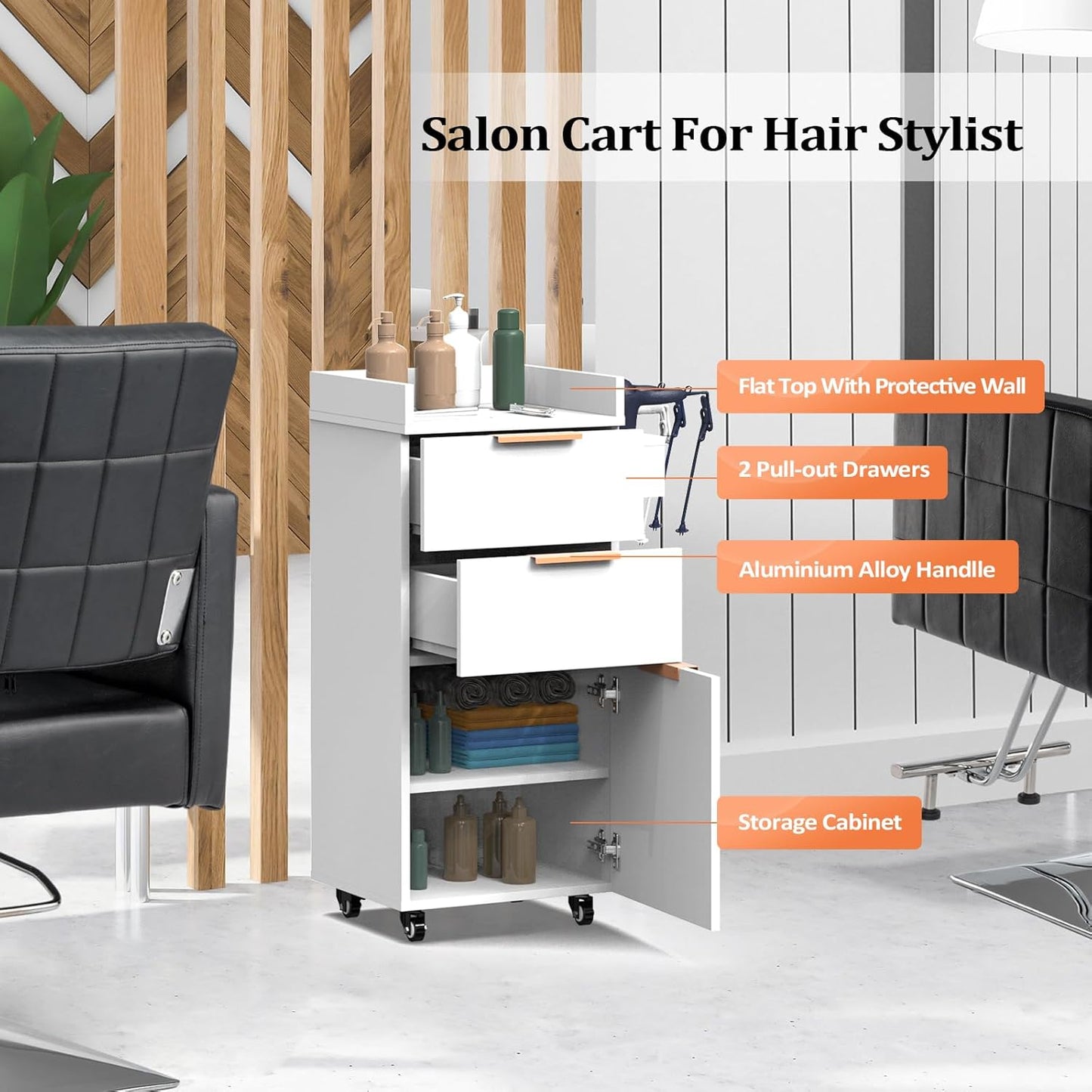 OmySalon Salon Trolley with Wheels - Portable Hair Stylist Cart with 2 Drawers & Storage Cabinet | White