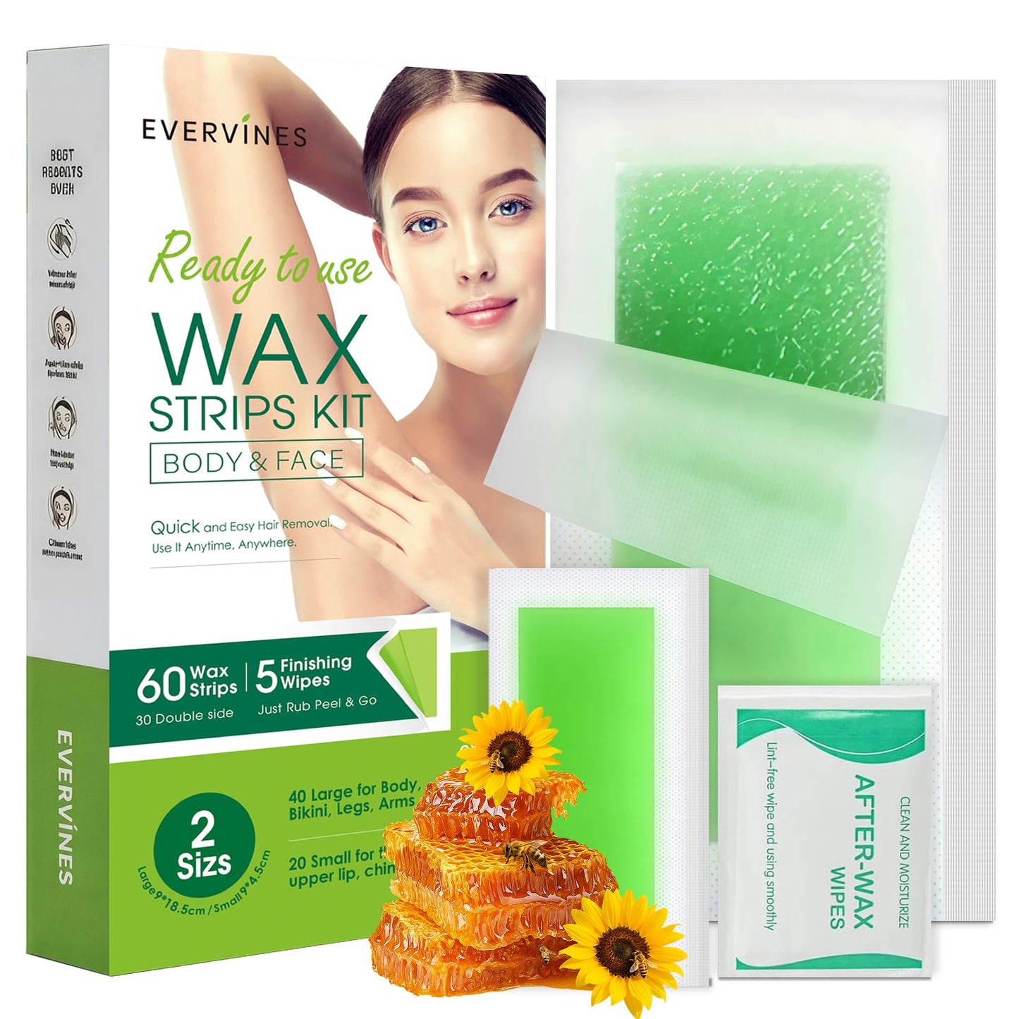Evervines Body Wax Strips for Hair Removal: 60 Strips (40 Large, 20 Small) & 5 Oil Wipes – Gentle & Fast for Body, Legs, Face, Eyebrows, Bikini, Lip & Chin – Ideal for women& Men Home & Travel