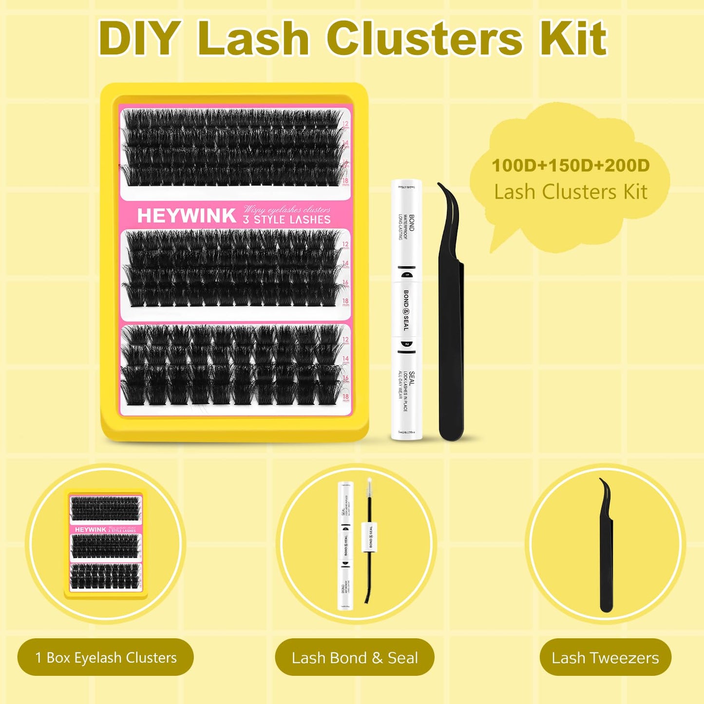 HEYWINK Lash Clusters Kit 60D 80D 100D Thick Cluster Eyelash Extensions 12-18mm Lash Clusters Individual Lash Extensions DIY Clusters Lashes Extension at Home (60D+80D+100D 12-18MM Kit)