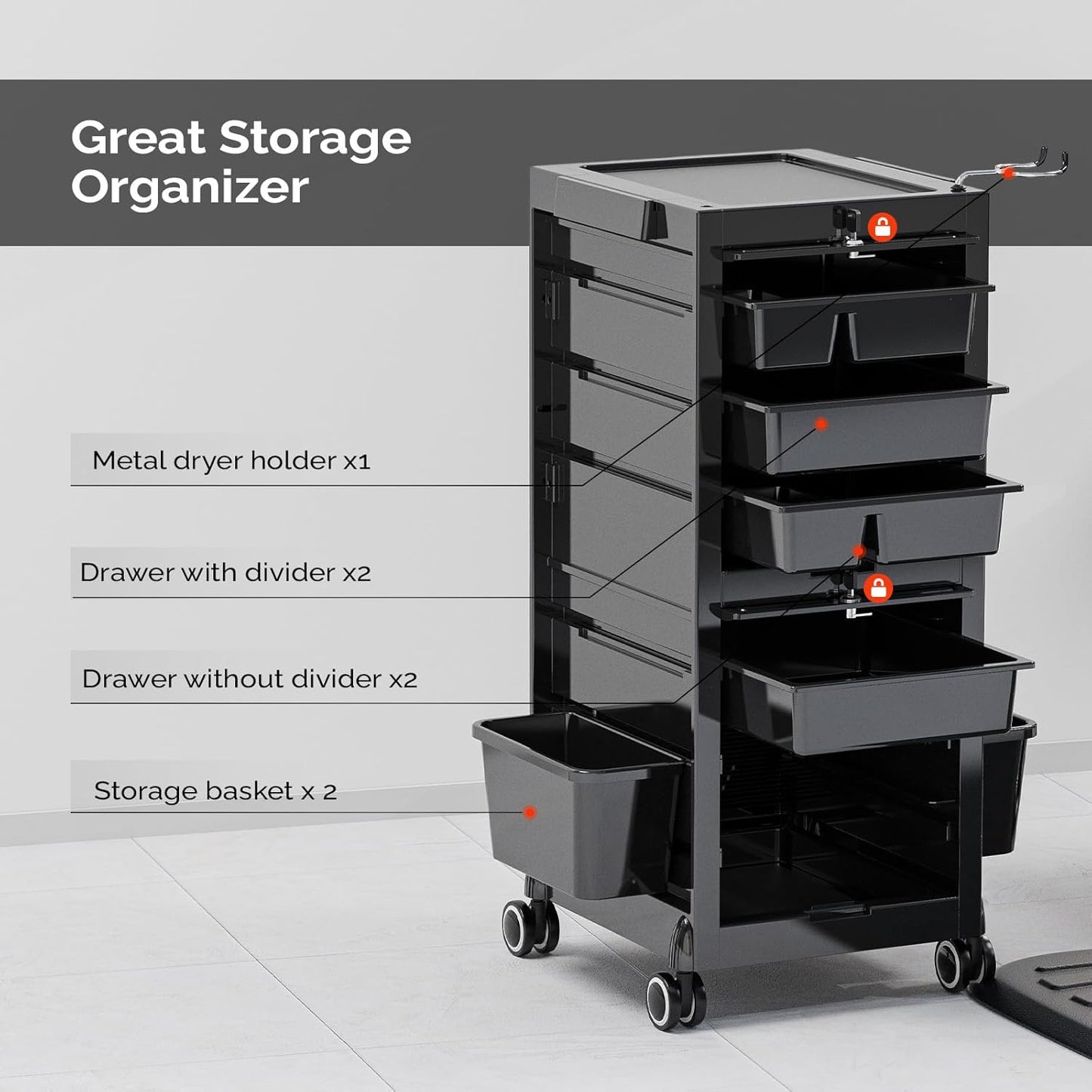 OmySalon Salon Trolley Cart - Rolling Hair Stylist Station with 2 Lockable Doors | Organizer with Drawers & Dryer Holder
