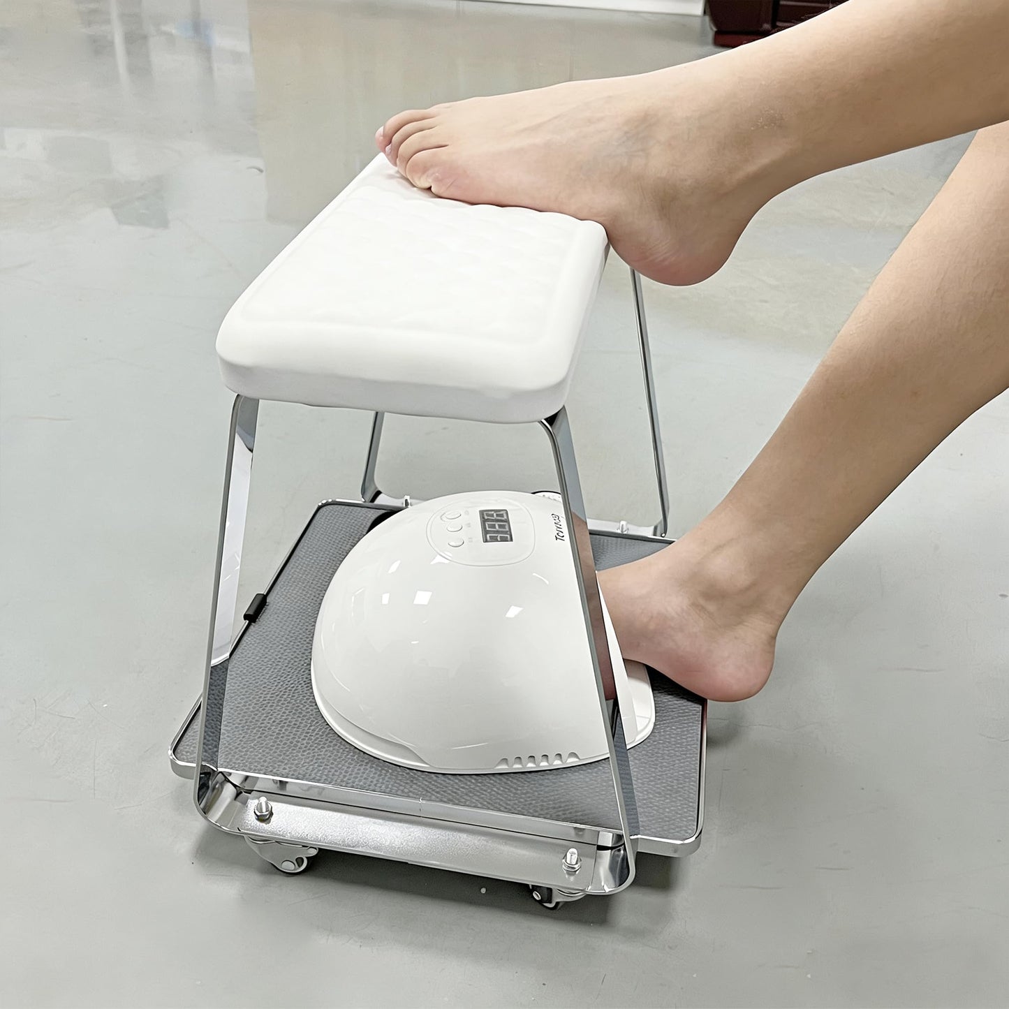 Erxewim Pedicure Foot Rest with Wheels for Nail Art Techs, Foot Therapy Pedicure Cart with Storage Tray, Soft Cushion & Stainless Steel Stand, Pedicure Stool for Salons, Spa, Massage, Home (White)