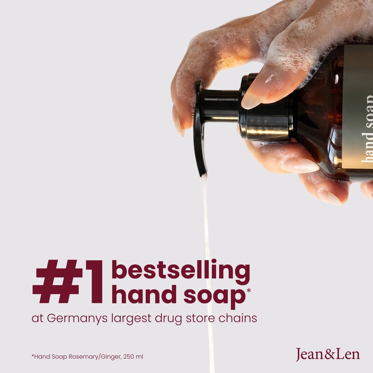 Jean & Len Hand Soap Pink Pepper & Dark Rose, gently cleanses stressed hands, suitable for daily use, liquid soap in pump dispenser, sensual fragrance, vegan, 8.45 Fl. Oz.