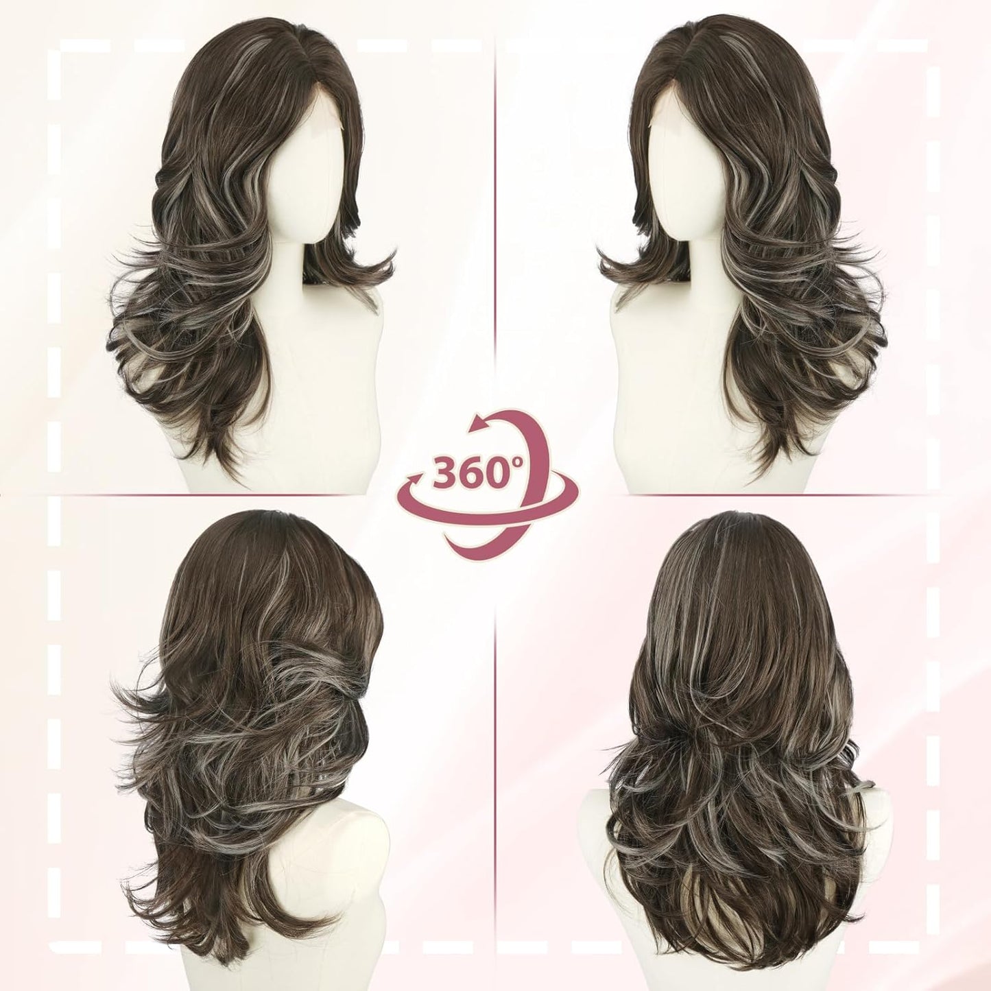 Brown Layered Wig with Curtain Bangs - Long Wavy Synthetic Hair | 20 Inch Ash Brown Grey for Daily Wear & Parties