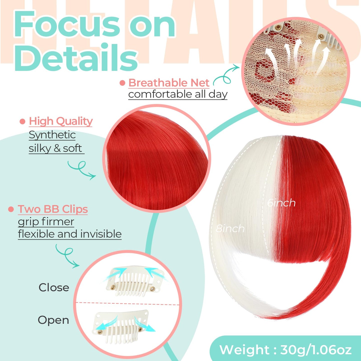 Cephermer Clip in Bangs, Synthetic French Bangs Hair Clip, Fake Bangs Fringe with Temples Hairpieces for Women Natural Curved Hair Extensions for Daily Wear White mix Red