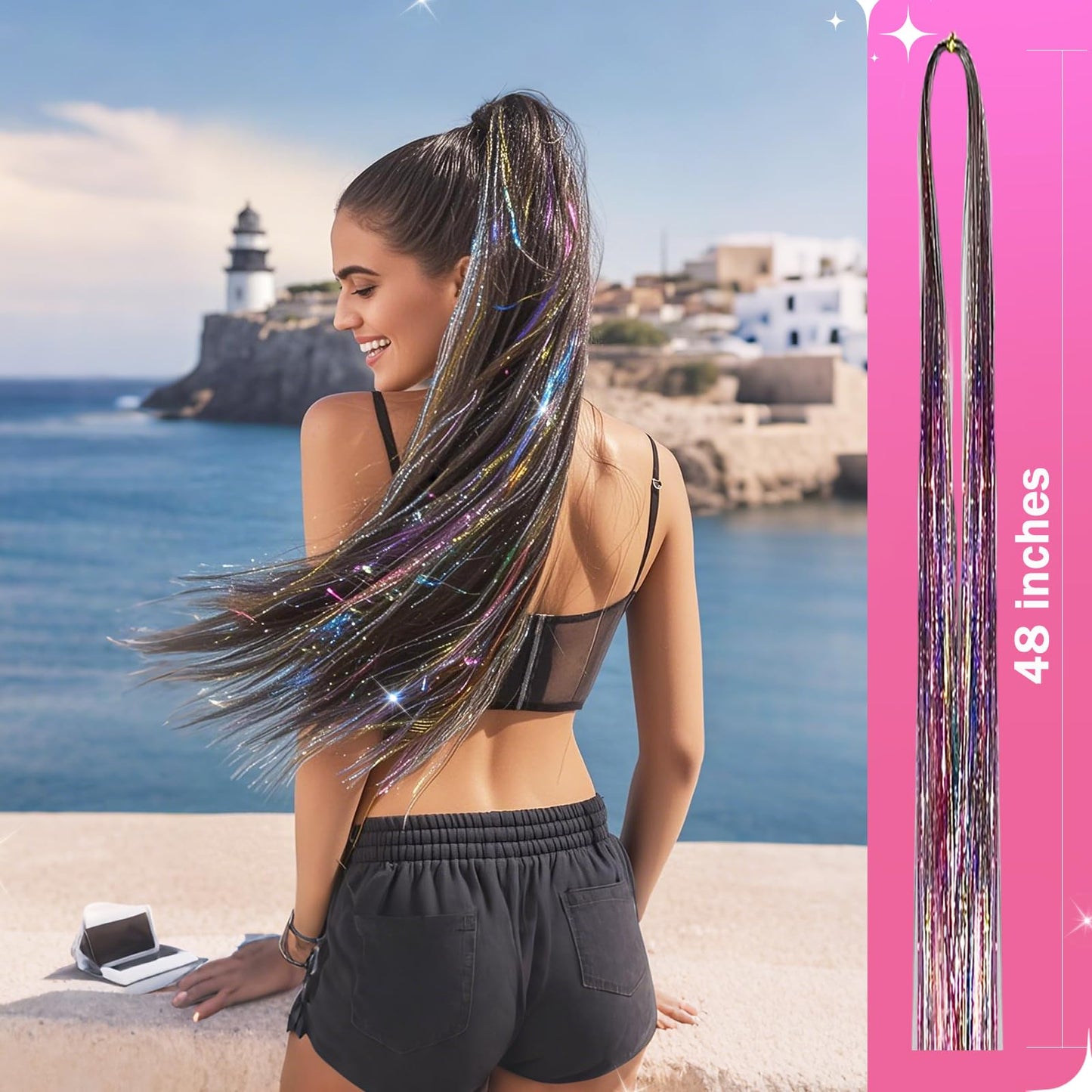 NIACONN Glitter Hair Tinsel Extensions Kit Rainbow Color with Tools and Beads, 48 Inch Sparkly Fairy Colorful Tensile Strands Shiny Hair Accessories for Women Girls Kids