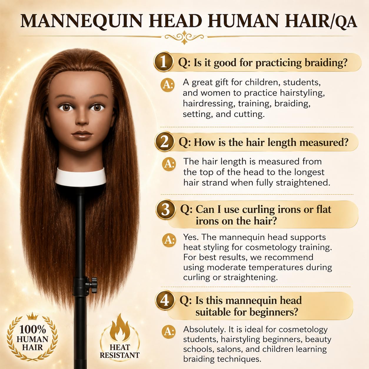Mannequin Head Human Hair 16 Inch, 100% Real Human Hair Cosmetology Mannequin Head with Clamp Stand, Professional Hair Manikin Doll Head for Braiding, Styling & Hairdresser Training (Brown-16inch)