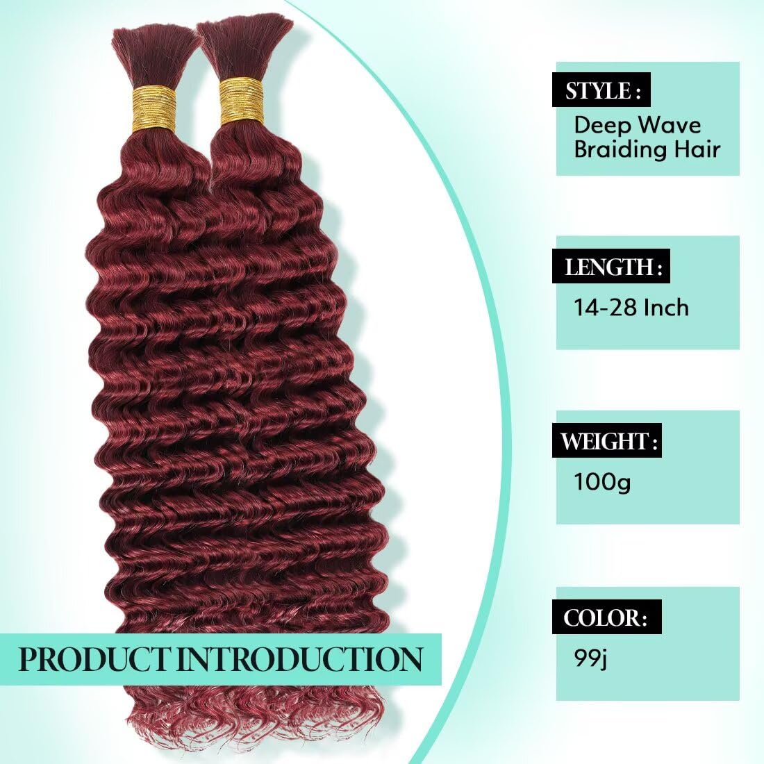 Boho Hair for Braiding, Curly Virgin Human Braiding Hair for Women, 12A Knotless Deep Wave Bulk Bohemian Styles, 100g 24 Inch 2 Bundles/Pack Burgundy Color 99J