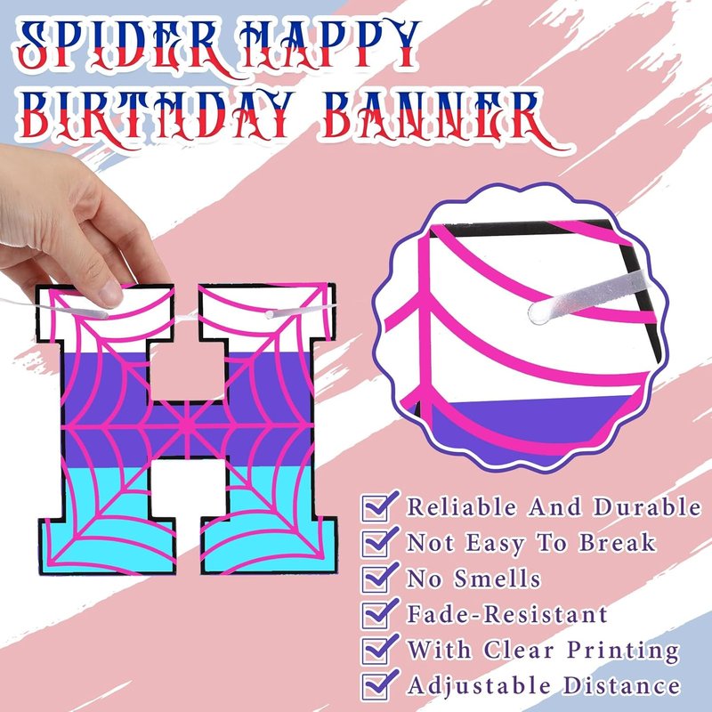 Spider Theme Birthday Banner - Pre-Strung Decorations for Kids' Parties | Red, Purple, Blue
