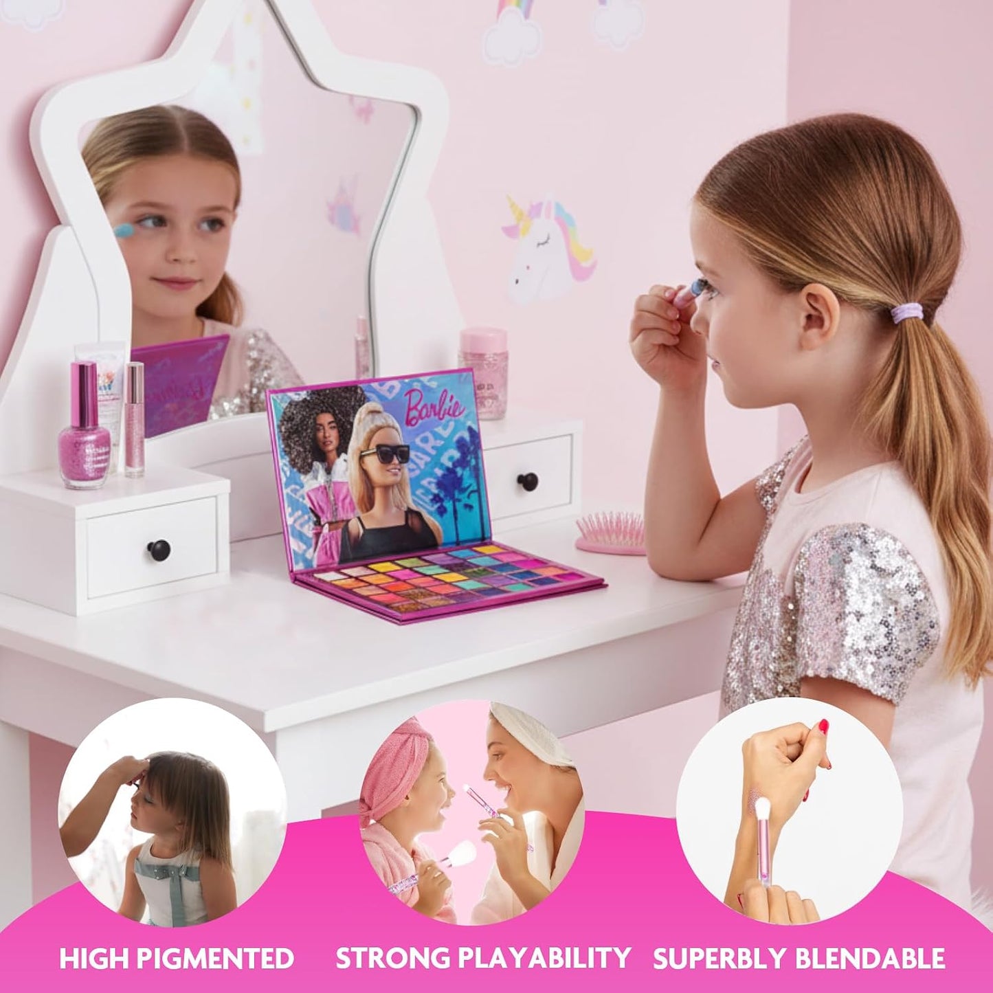 Barbie 35 Well Shadow Palette - Shimmery Pigmented Colors with 8 Blendable Brushes | Ages 8+
