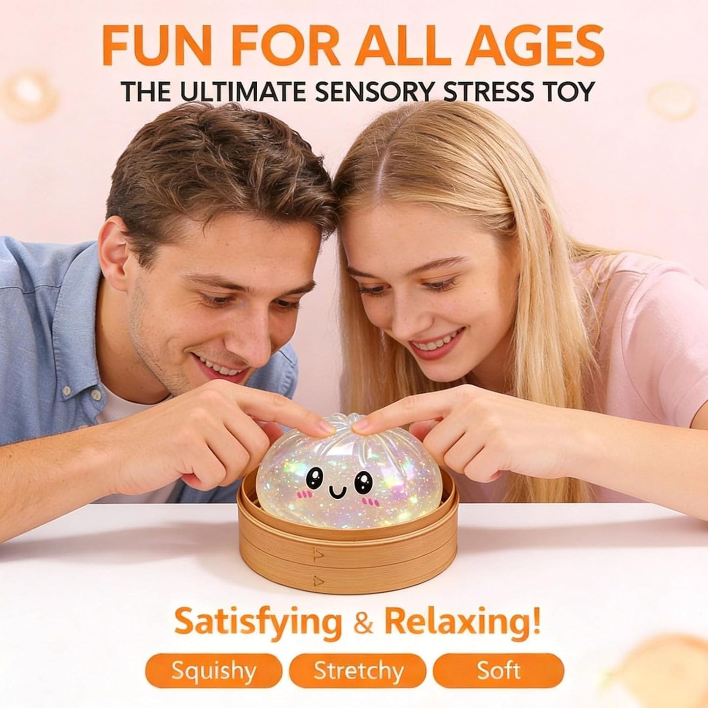 Glitter Dumpling Squishy, Colorful Dumpling Squishes Stress Balls with Steamer, Easter Gifts, Soft Squeeze Decompression Dough for Adults (White with Glitter)