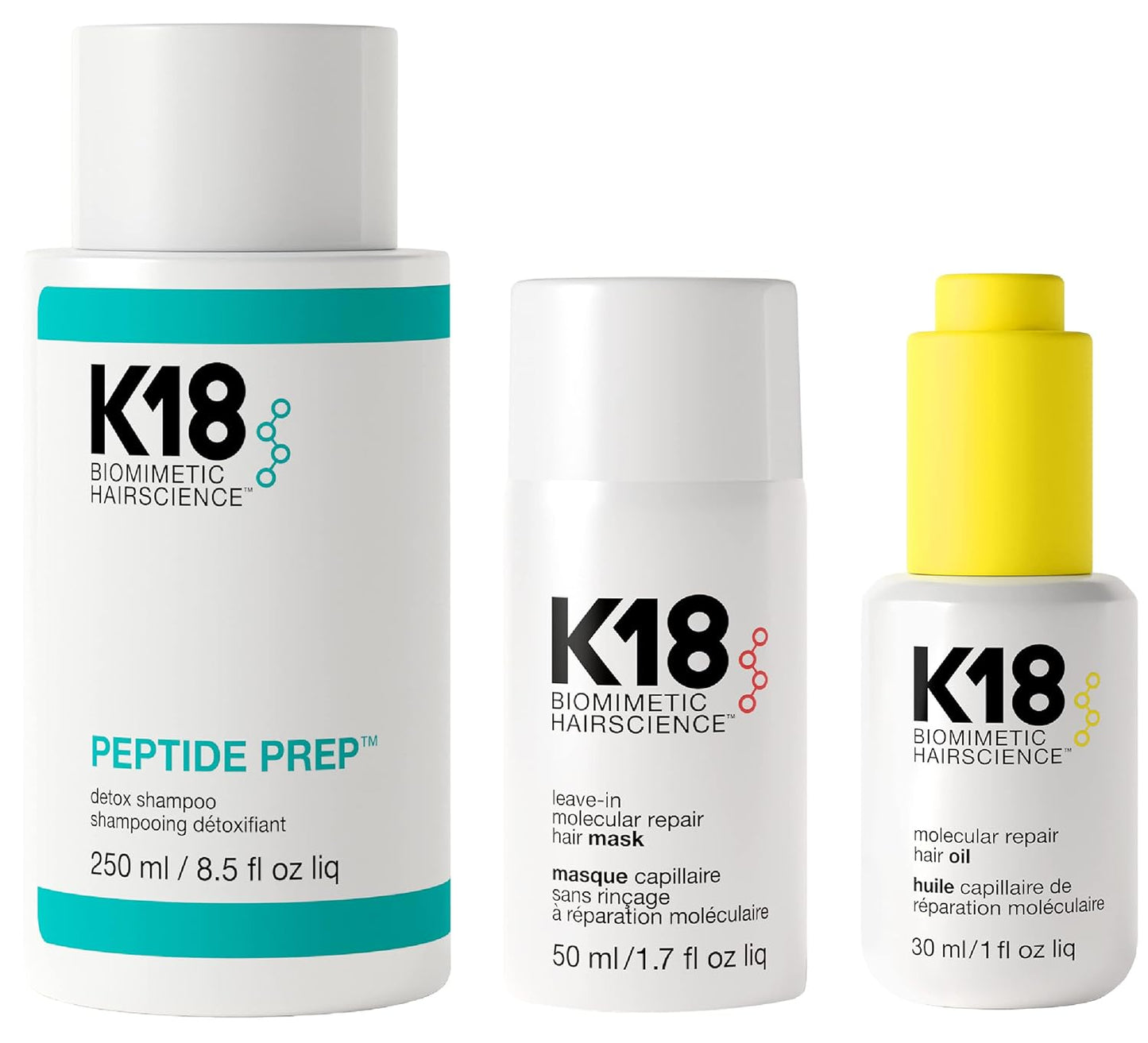 K18 Detox & Repair Bundle | Leave-In Hair Mask, Speed Treatment & Color Safe Shampoo - 50ml, 8.5oz, 30ml
