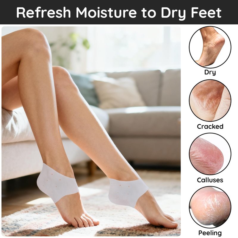Segbeauty 6 Count Sleep Lotion Cotton Socks for Women, 1 Pair of Silicone Heel Protector for Dry Feet, Moisturizing Socks for Cracked Heel Repair, Overnight Spa Feet Care Kit for Women Moisture Sock