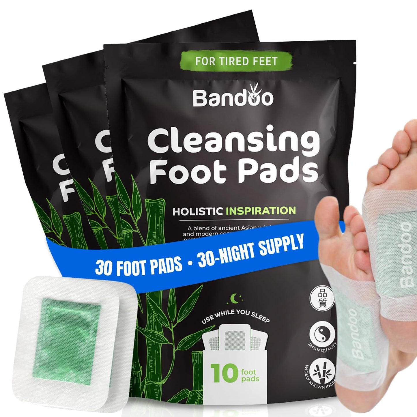 Bandoo Foot Pads – Premium Natural Bamboo Vinegar & Tourmaline Material, Japanese Foot Care for Men & Women - 30 Count