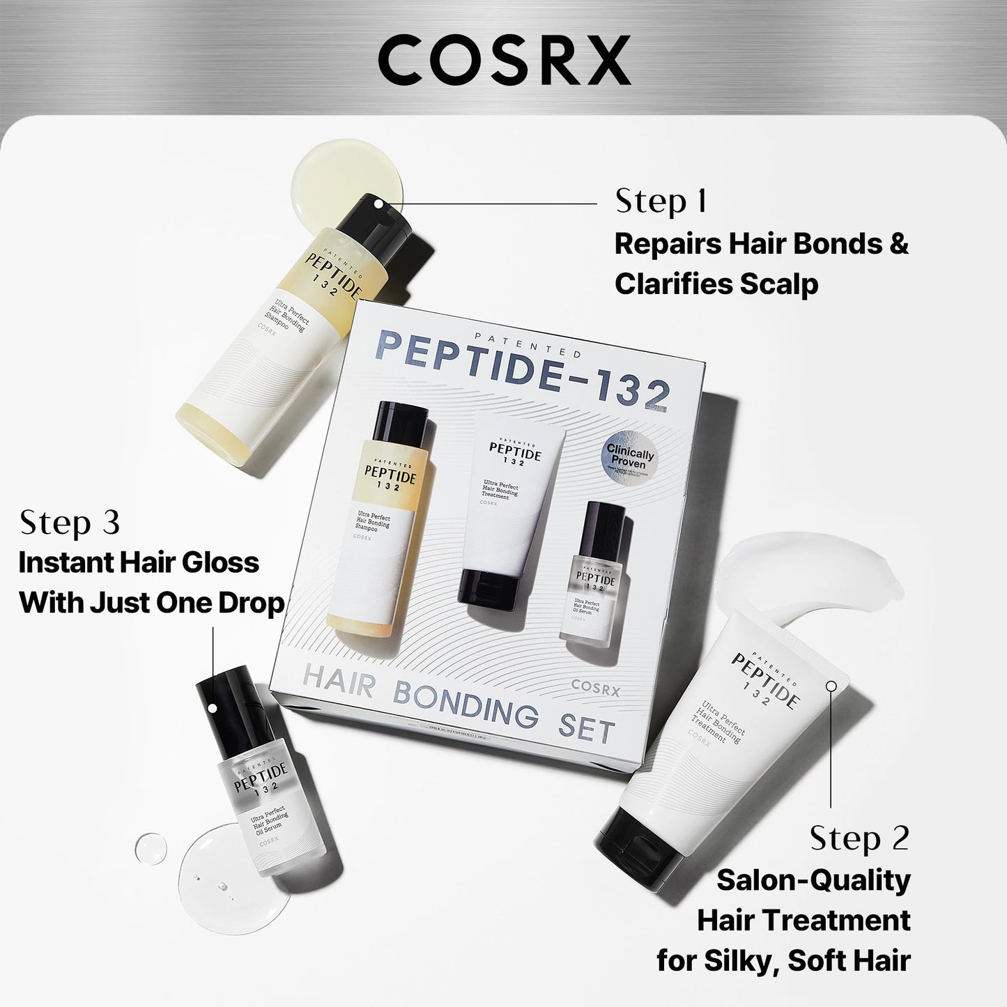 COSRX PEPTIDE 132 Hair Care Kit - Shampoo, Treatment & Oil Serum, Bond Repair Hair Gift Set for Damaged, Dry Hair, Scalp Treatment for Dandruff, Dry & Itchy Scalp, Travel Essential