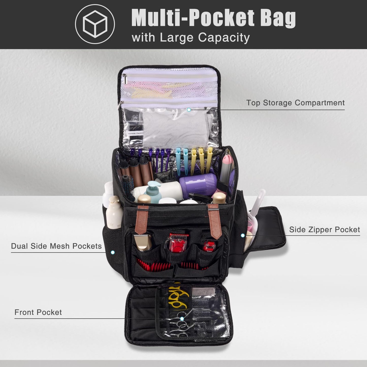 Hautton Traveling Barber Bag, Large Capacity Travel Hairdresser Case with Shoulder Strap Hairstylist Cosmetology Backpack for Hair Cutting Tools Barber Essential Supplies -Black