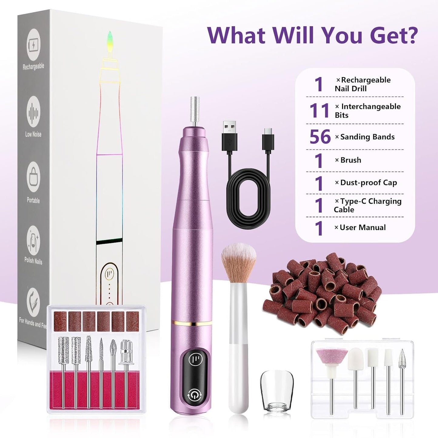 Cordless Nail Drill Electric Nail File Kit - Rechargeable Efile Set | Portable Manicure & Pedicure Tool, 11 Bits, Purple