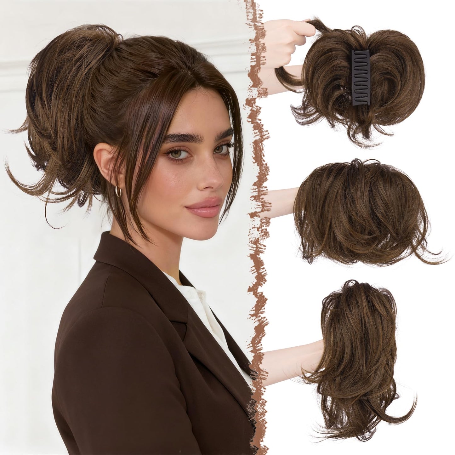 FESHFEN Claw Clip Short Ponytail Extensions - DIY Bendable Metals Fluffy Messy Bun Hair Piece Straight Synthetic Hairpieces Ponytail Extension for Women, Mix Brown