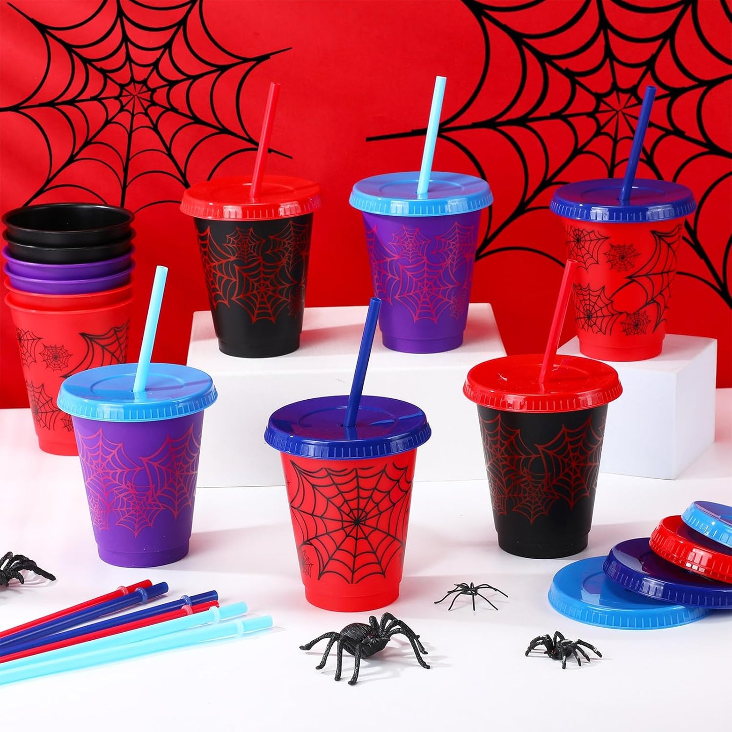 Spider Cups - 12 Pcs 16 oz Plastic Birthday Party Cups with Lids & Straws | Fun Spider Designs for Party Favors