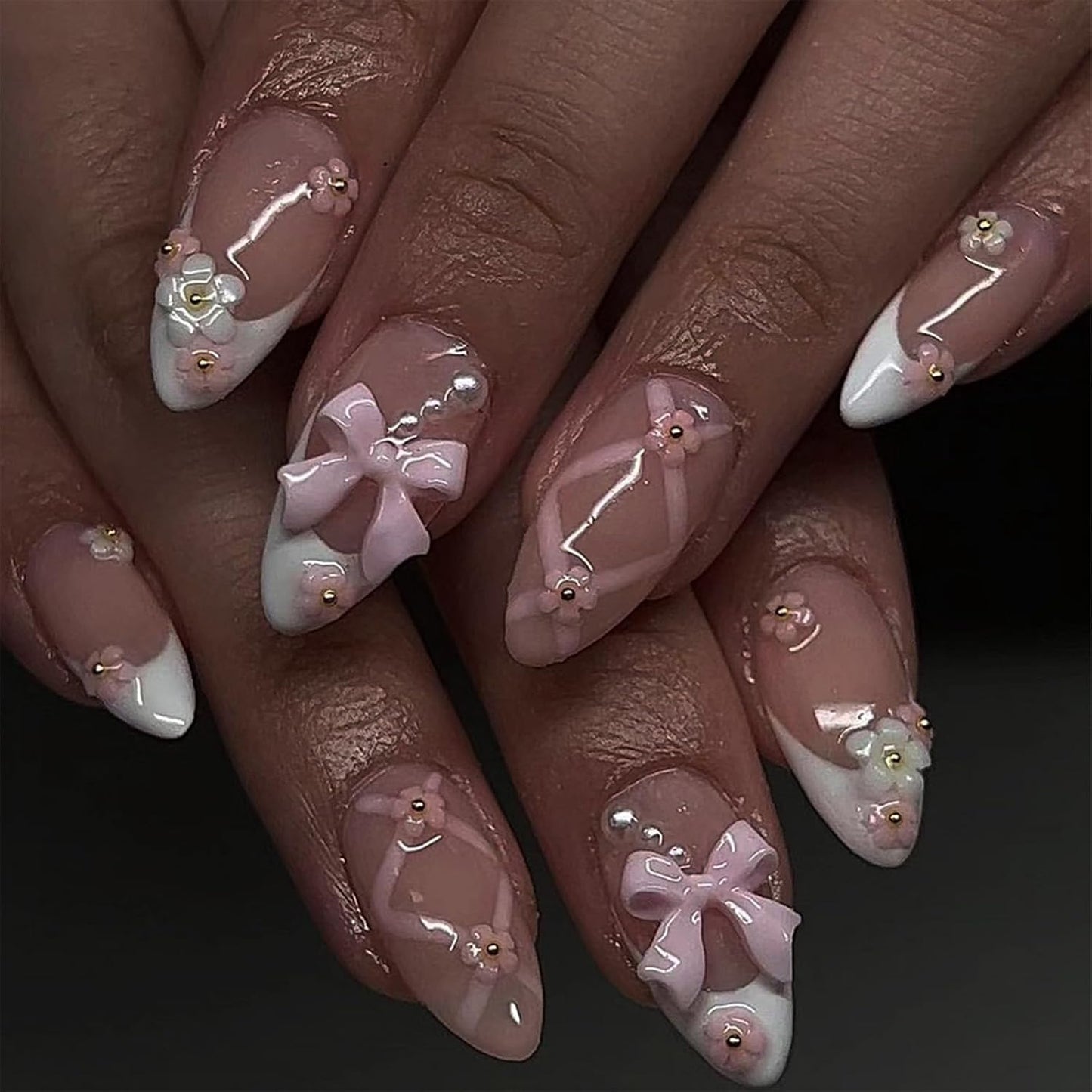 Press On Nails - Orange Almond Shape with Gold Glitter Swirl | 24 Pcs Acrylic Fake Nails for Women