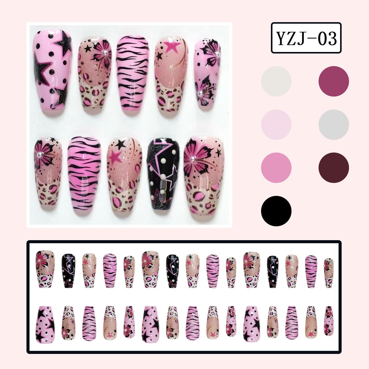 30 Pcs Pink Black Leopard Flower Press On Nails Medium Square Fake Nails with Pearl Designs French Tip Glue on Nails Y2k Cute Artificial Nails Reusable Acrylic False Nails for Women Manicure Salon