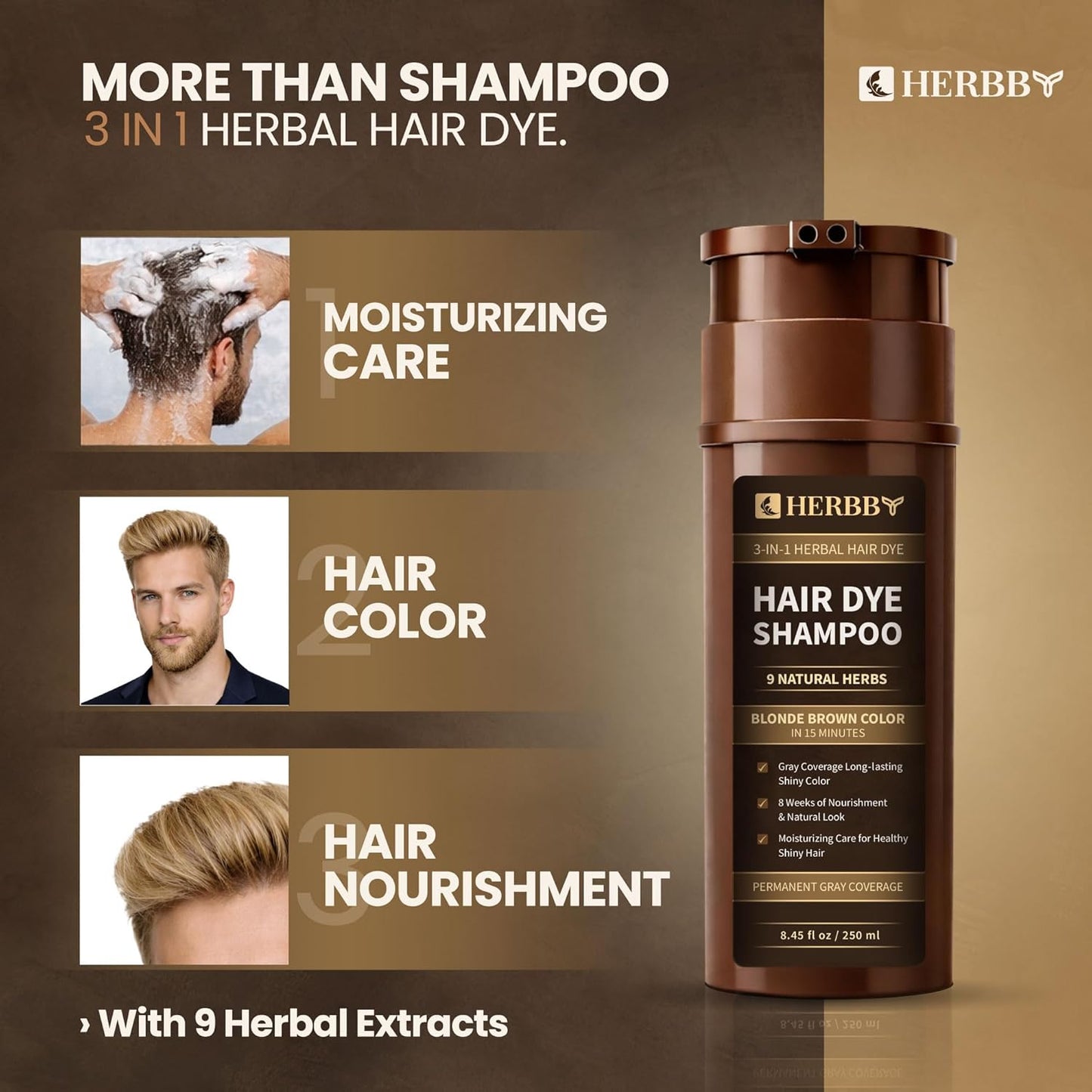 HERBBY Hair Color Shampoo for Gray Coverage | 9 Herbal Extracts for Shiny, Even Color - 250 ml (Blonde Brown)