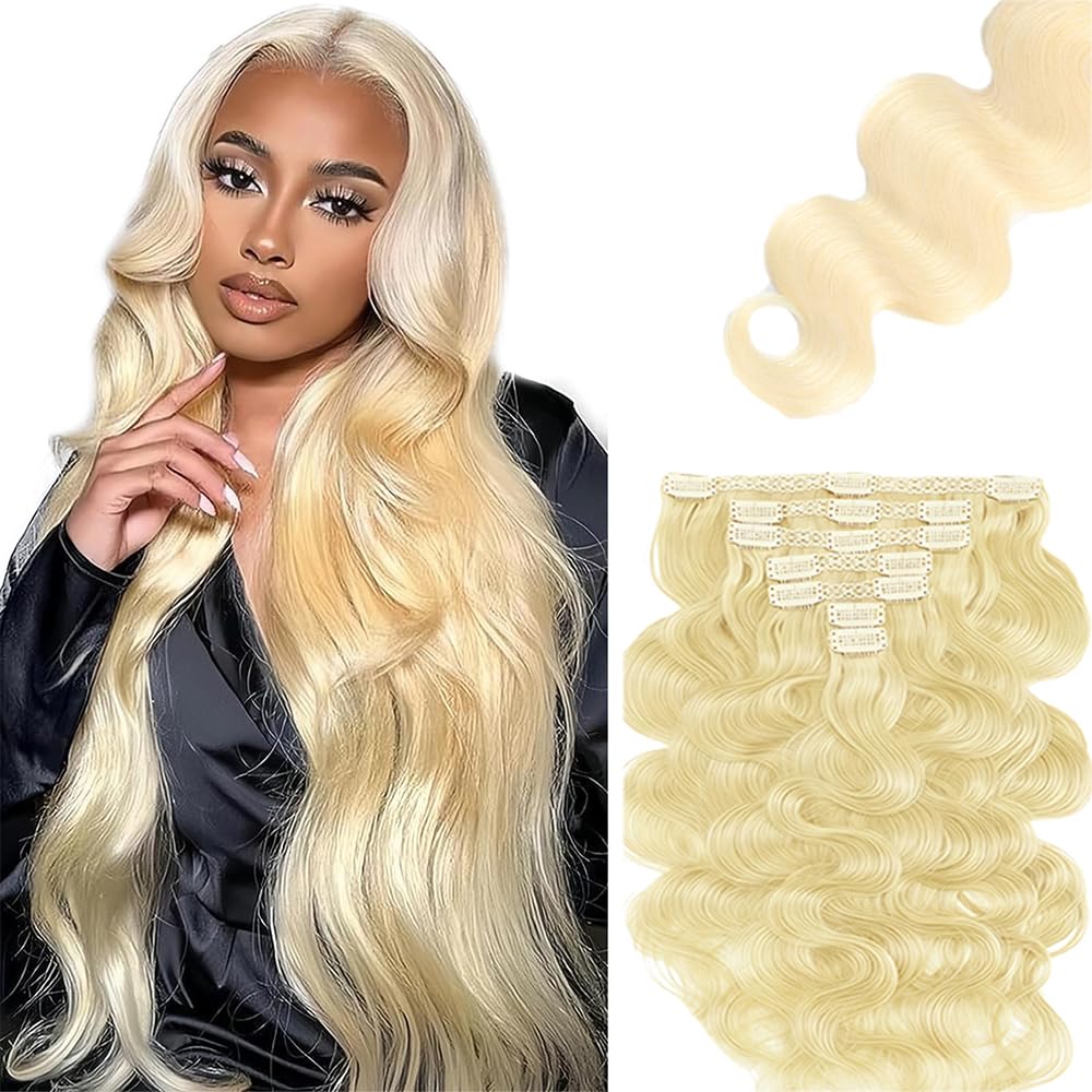 #613 Blonde Clip in Hair Extensions Real Human Hair, 28 Inch 120g/7Pcs,Full Shine Remy Human Hair,Blonde Body Wave Clip ins Brazilian Virgin Human Hair Extensions