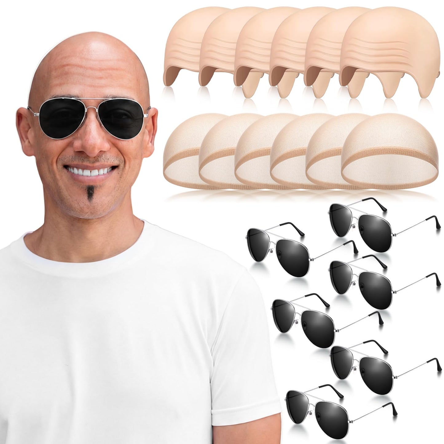 Thiccywoov 18 Pcs Bald Cap with Sunglass Set Makeup Bald Wig Cap Halloween Cosplay Party Costume Accessories for Men Women Adults