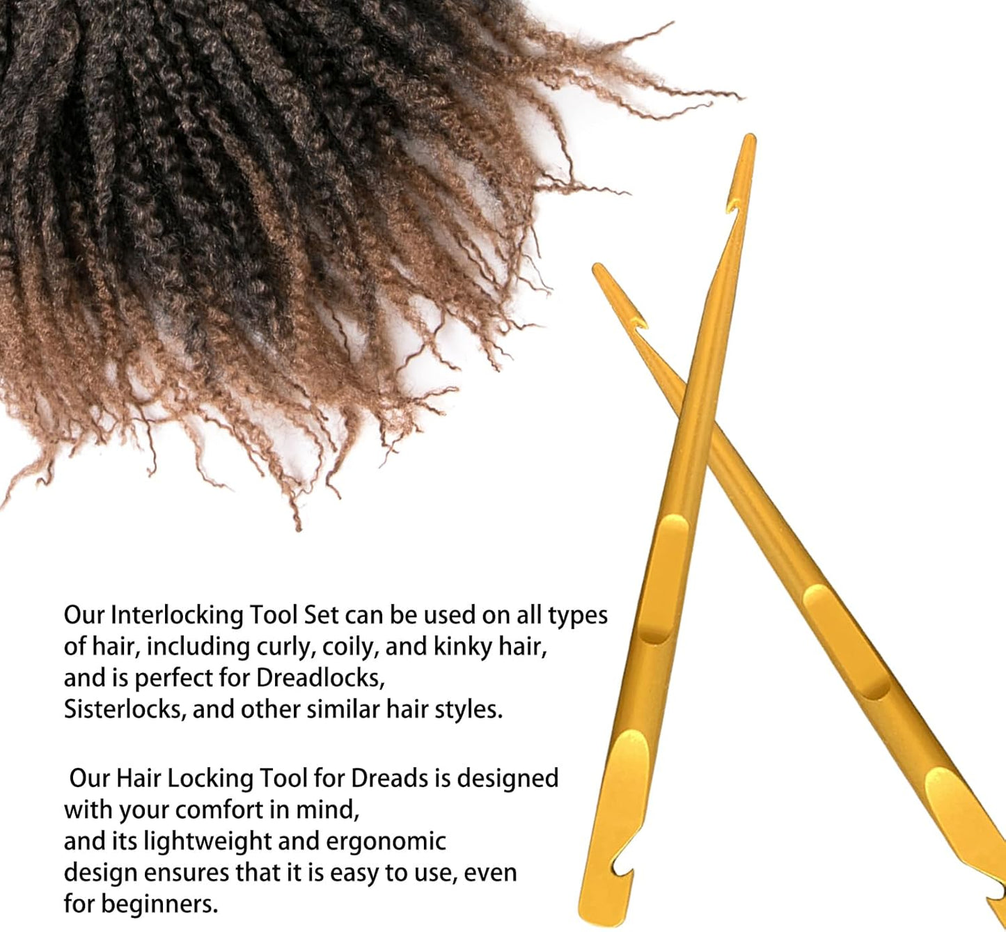 Interlocking Tool for Locs | Dual-Ended Metal Crochet Needle for Dreadlocks & Sisterlocks - Gold, 2 Pack