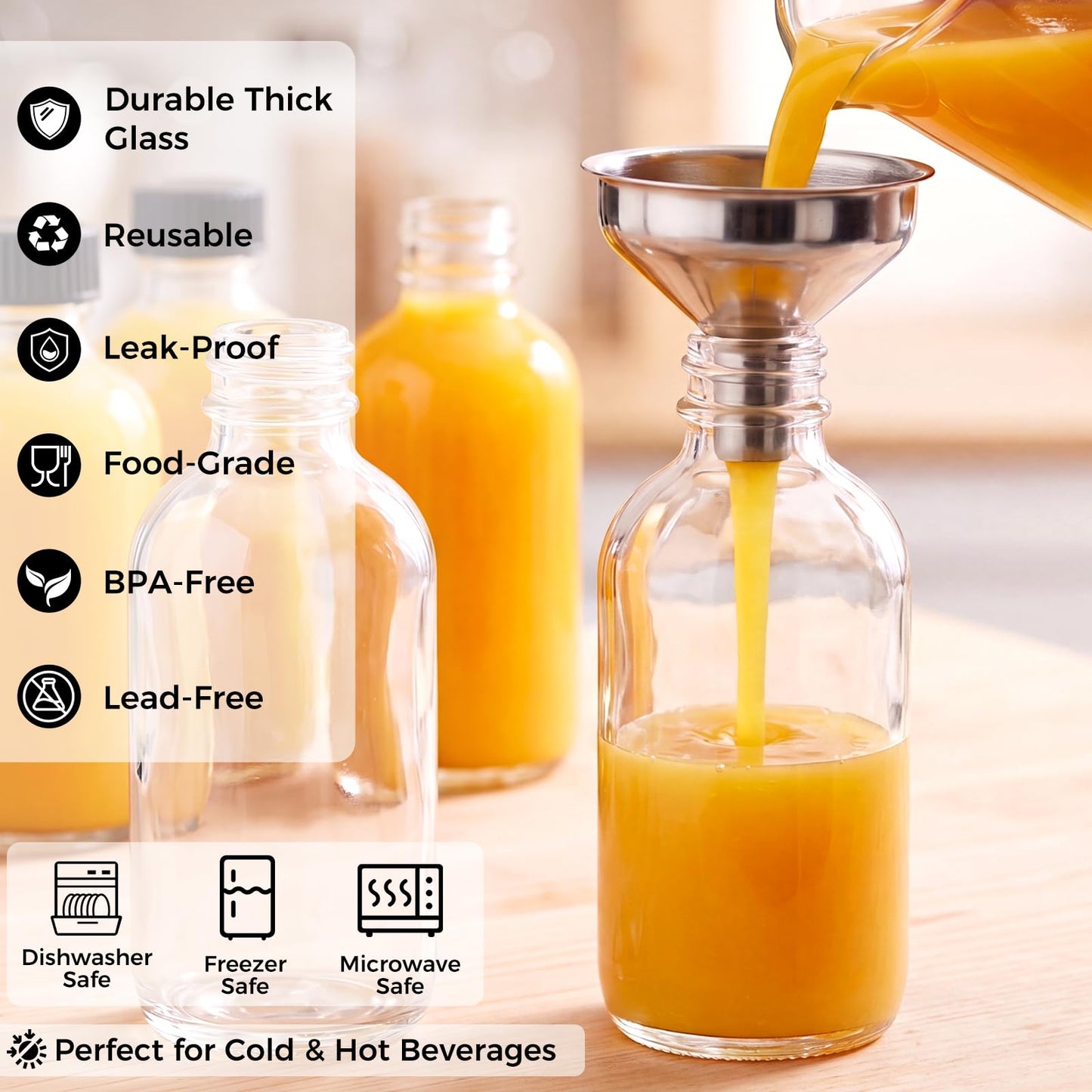AOZITA 12 Pack, 2 oz Small Clear Glass Bottles w/Lid & 3 Funnels - 60ml Boston Shot Bottles for Health, Immunity, Potion, Wellness, Sample, Ginger, Juice - Mini Personal Care & Beauty Travel Bottle