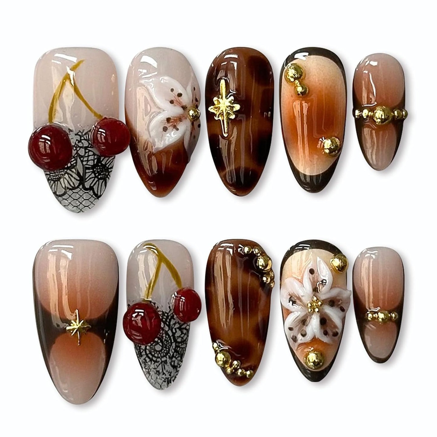 French Tip Press-On Nails - Medium Almond Shape with 3D Bow & Pearl Charms | 24 Pcs Spring Design