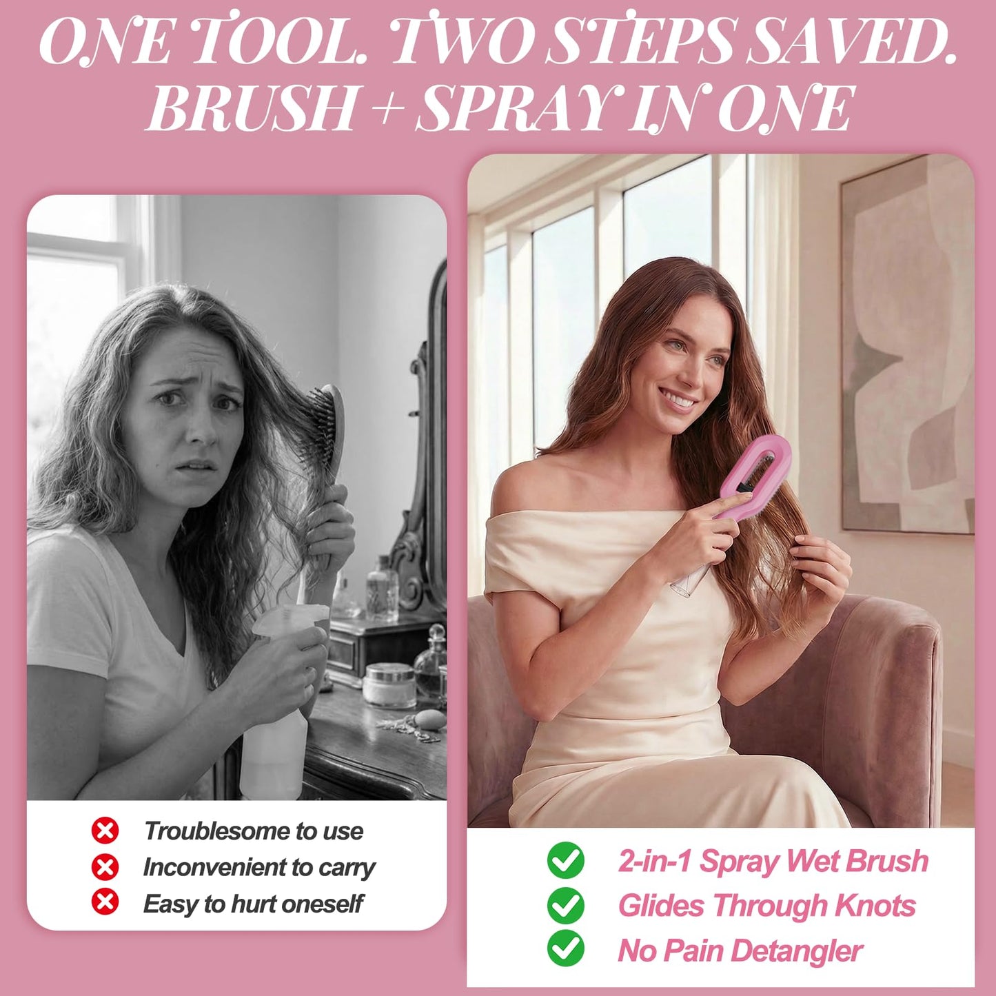 Hair Brush with Water Spray for Women, 2-in-1 Fine Mist Detangling Brush for Wet & Dry Hair, Anti-Frizz Water Spray Brush for Curly, Wavy & Straight Hair, Portable Styling Tool(1, Pink)