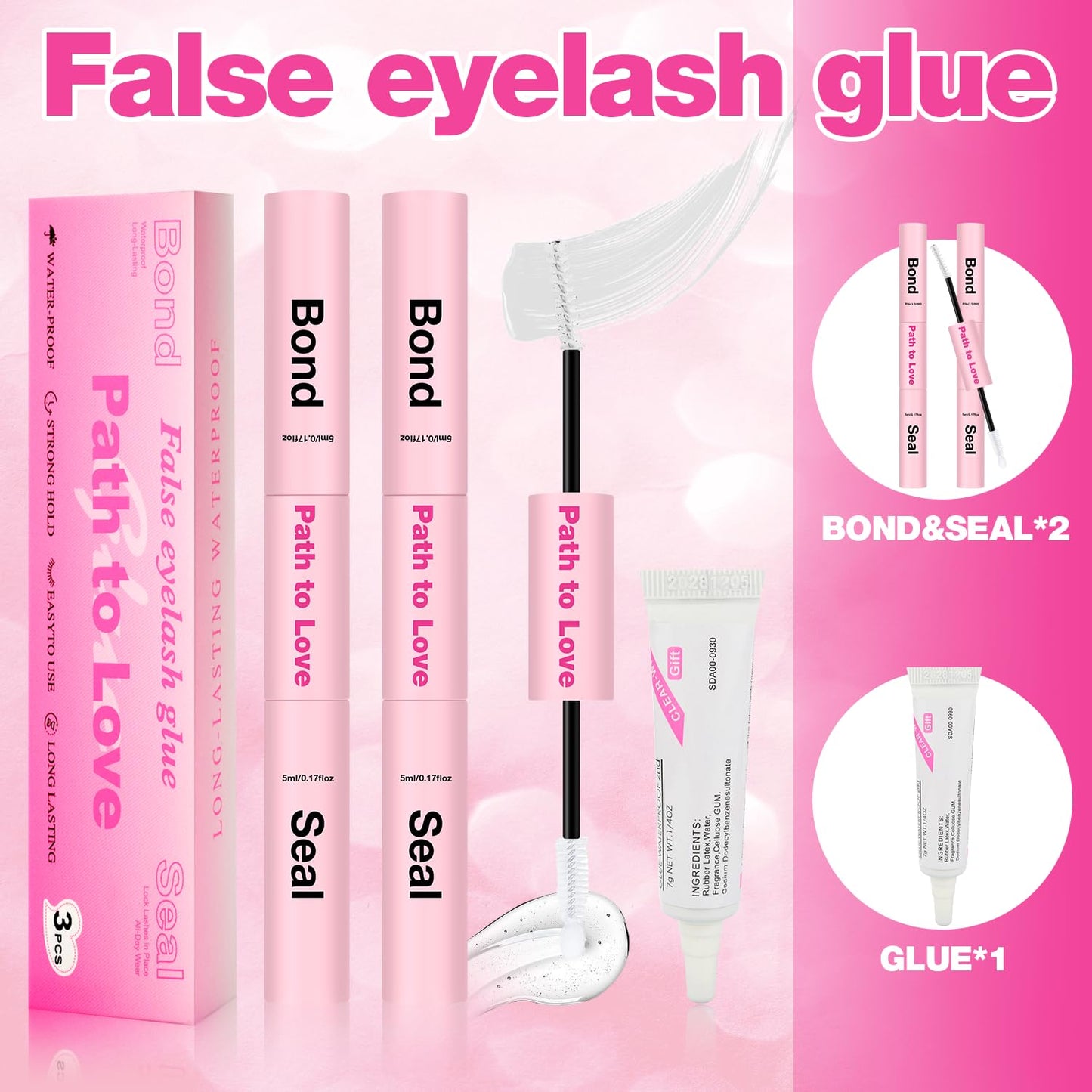 Professional Lash Cluster Glue Kit – 150H Strong Hold Lash Bond and Seal Waterproof Eyelash Glue,Long-Lasting Adhesive for DIY Cluster Lashes,Home Use,Beginners & Pros (White,3-Pack 2x5ml+5ml +0.24oz)