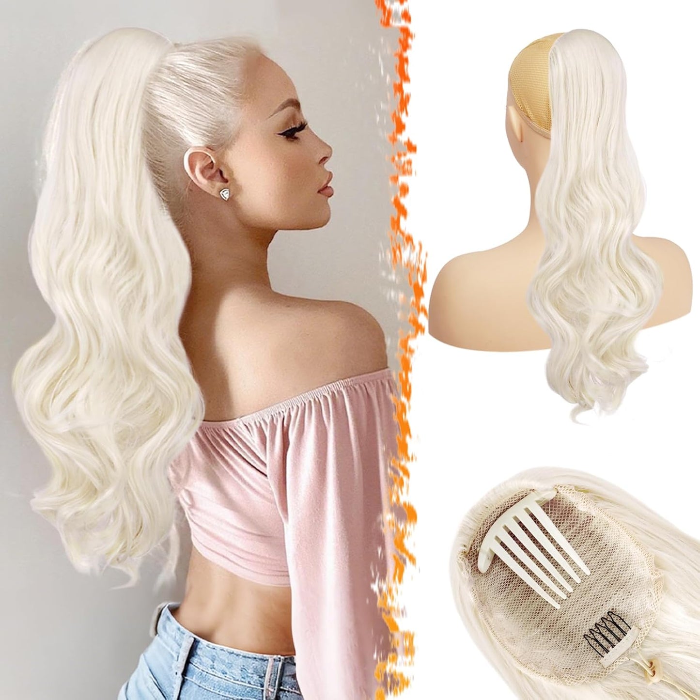 Black Wavy Drawstring Ponytail Extensions - 20 Inch Curly Clip-In Hairpiece for Women, Natural Look